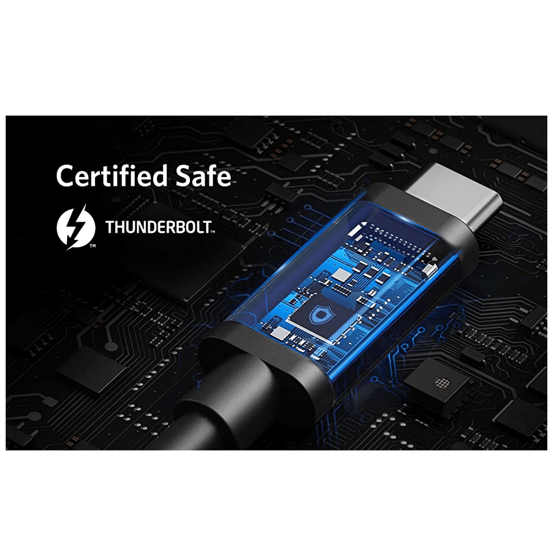 Een Thunderbolt USB-C connector met een blauw verlichte printplaat op een printplaatachtergrond.