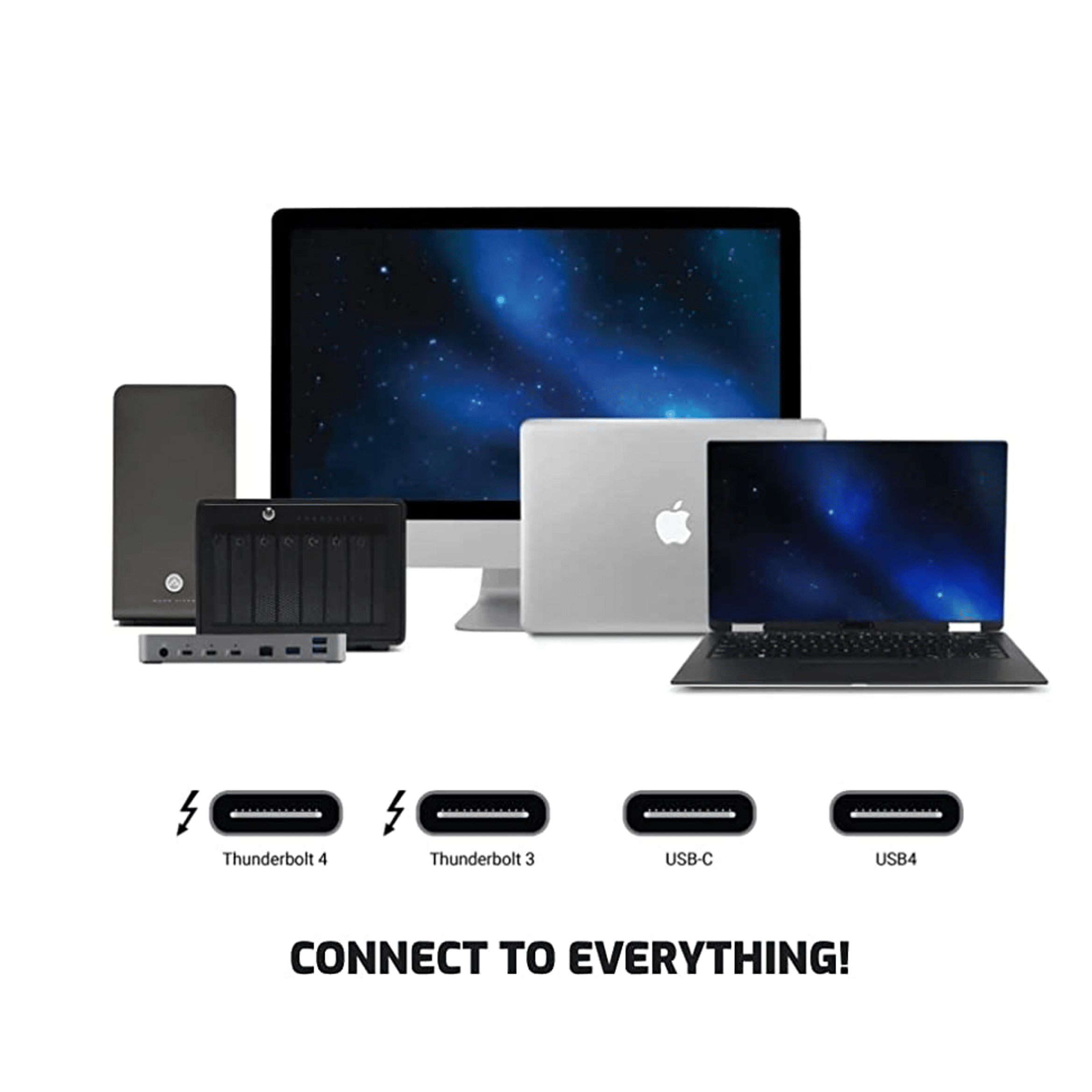 Computers, laptops, harde schijven en docking station met diverse poorten.
