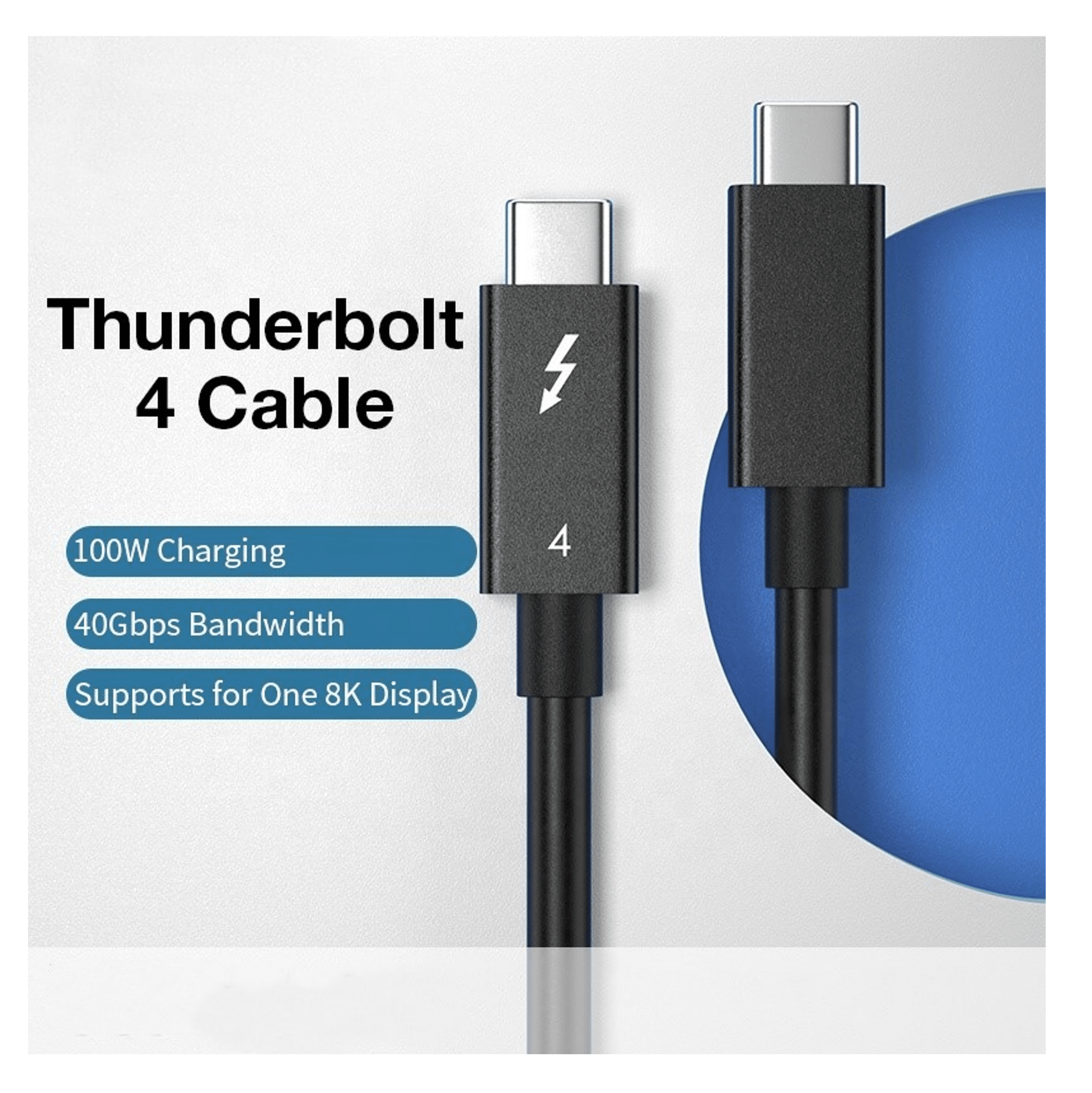 Een zwarte Thunderbolt 4 kabel met USB-C connectoren en bliksemschicht symbool.