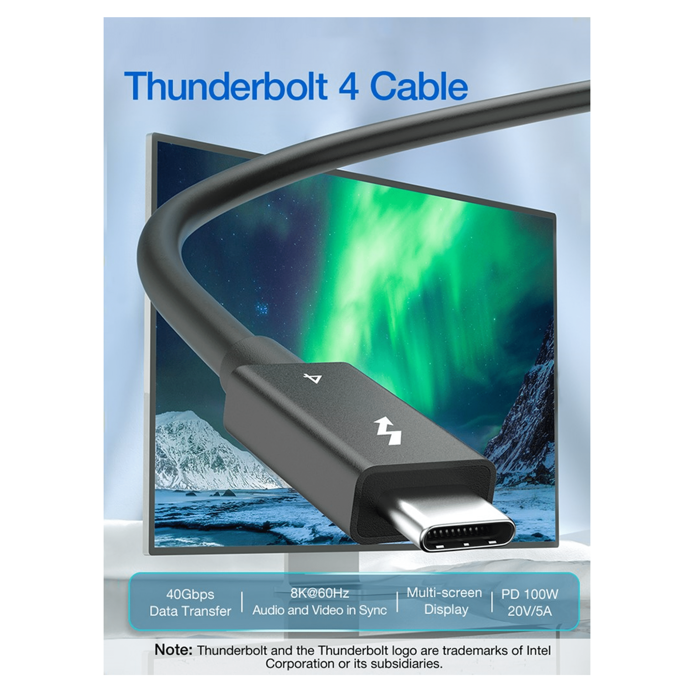 Thunderbolt 4 kabel met 40Gbps, 8K@60Hz, PD 100W voor berglandschap.