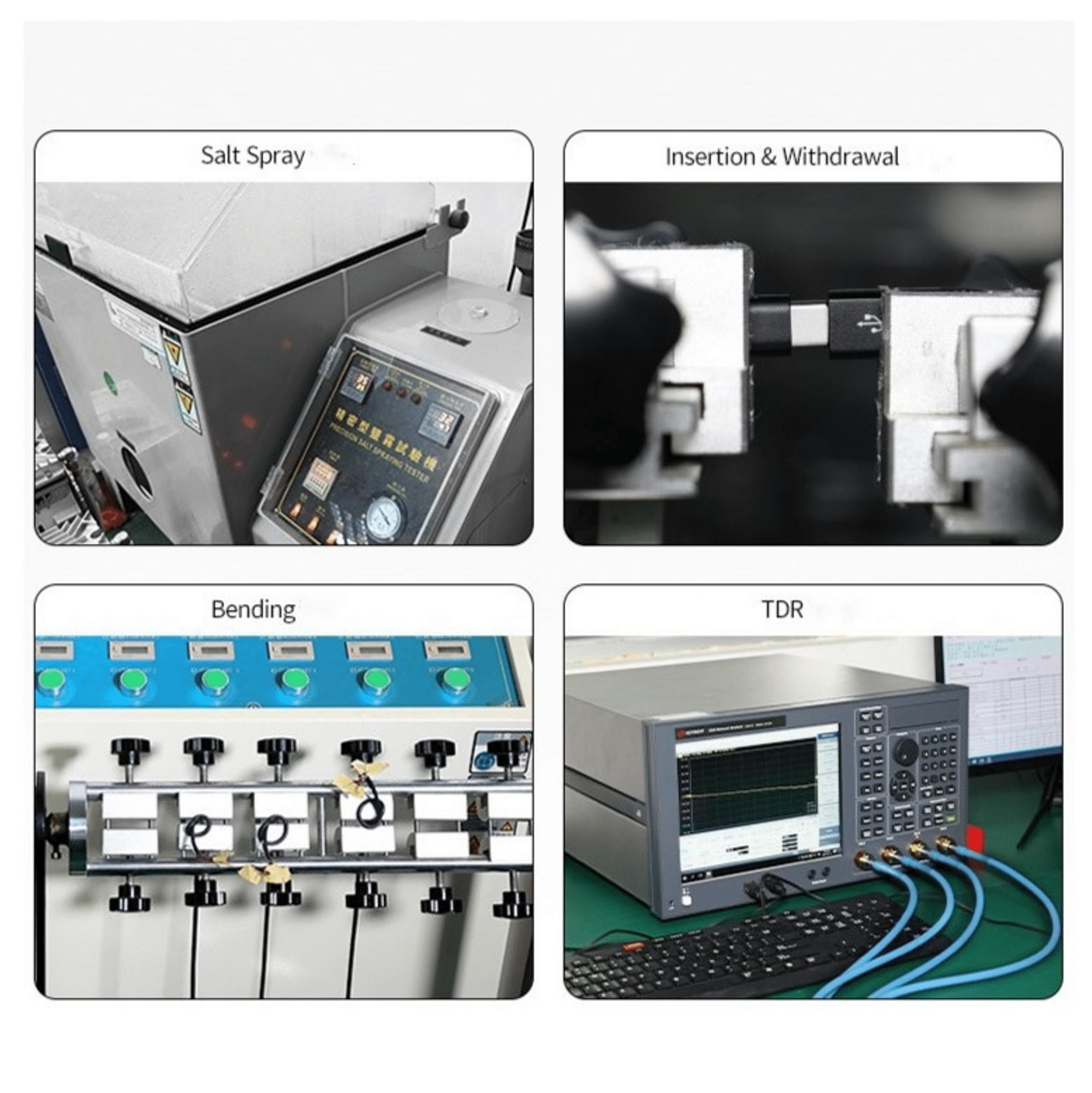 Vier testopstellingen: zoutsproeikamer, USB-connector, buigmachine en TDR-apparaat.