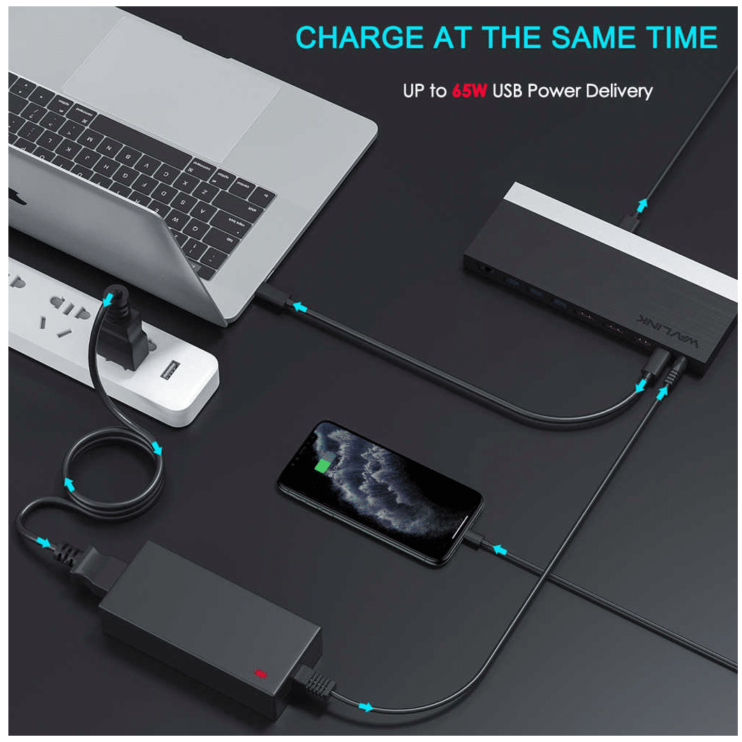 Laptop, stroomadapter, docking station en telefoon worden tegelijkertijd opgeladen.