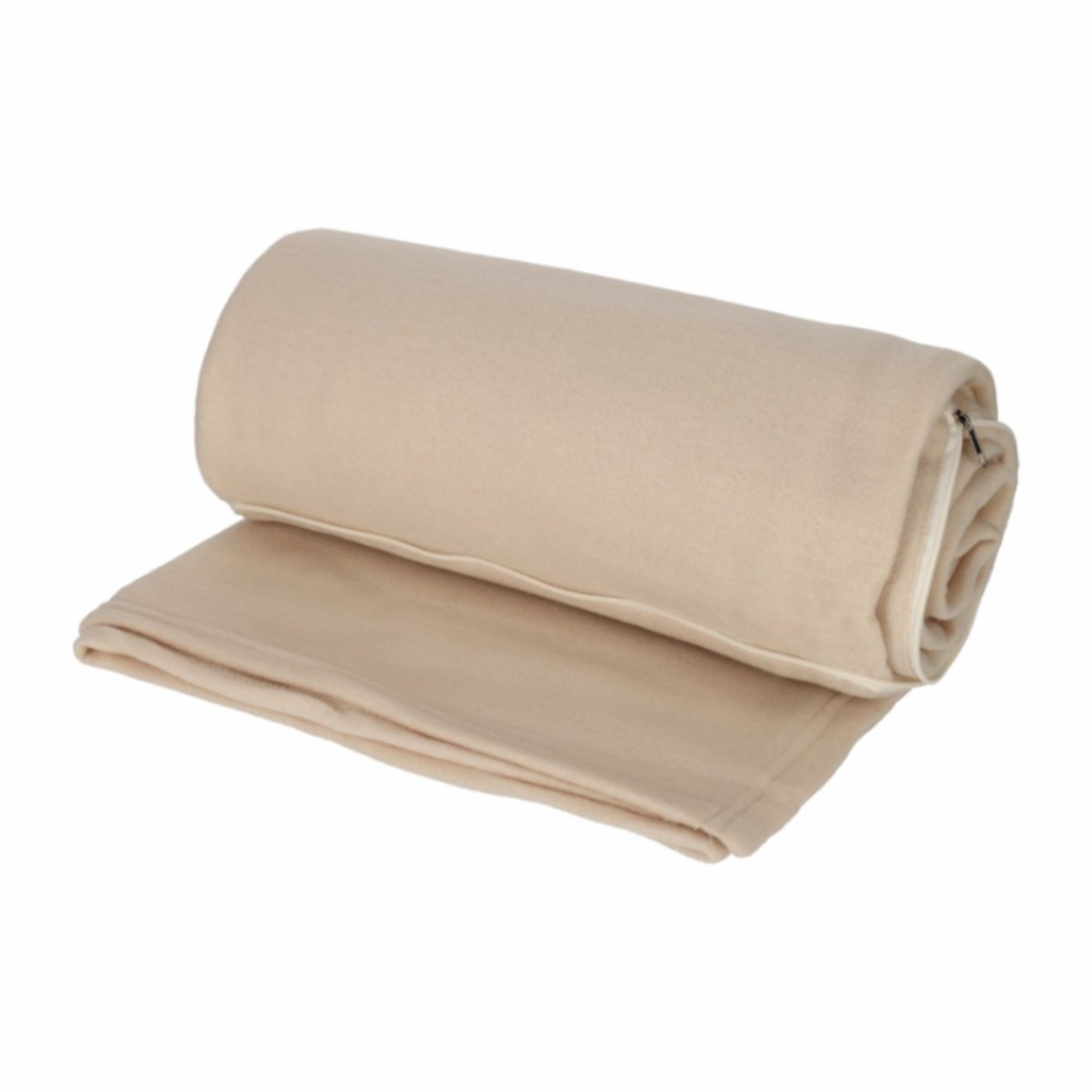 Een opgerolde, beige fleecedeken met een open uiteinde en rits.