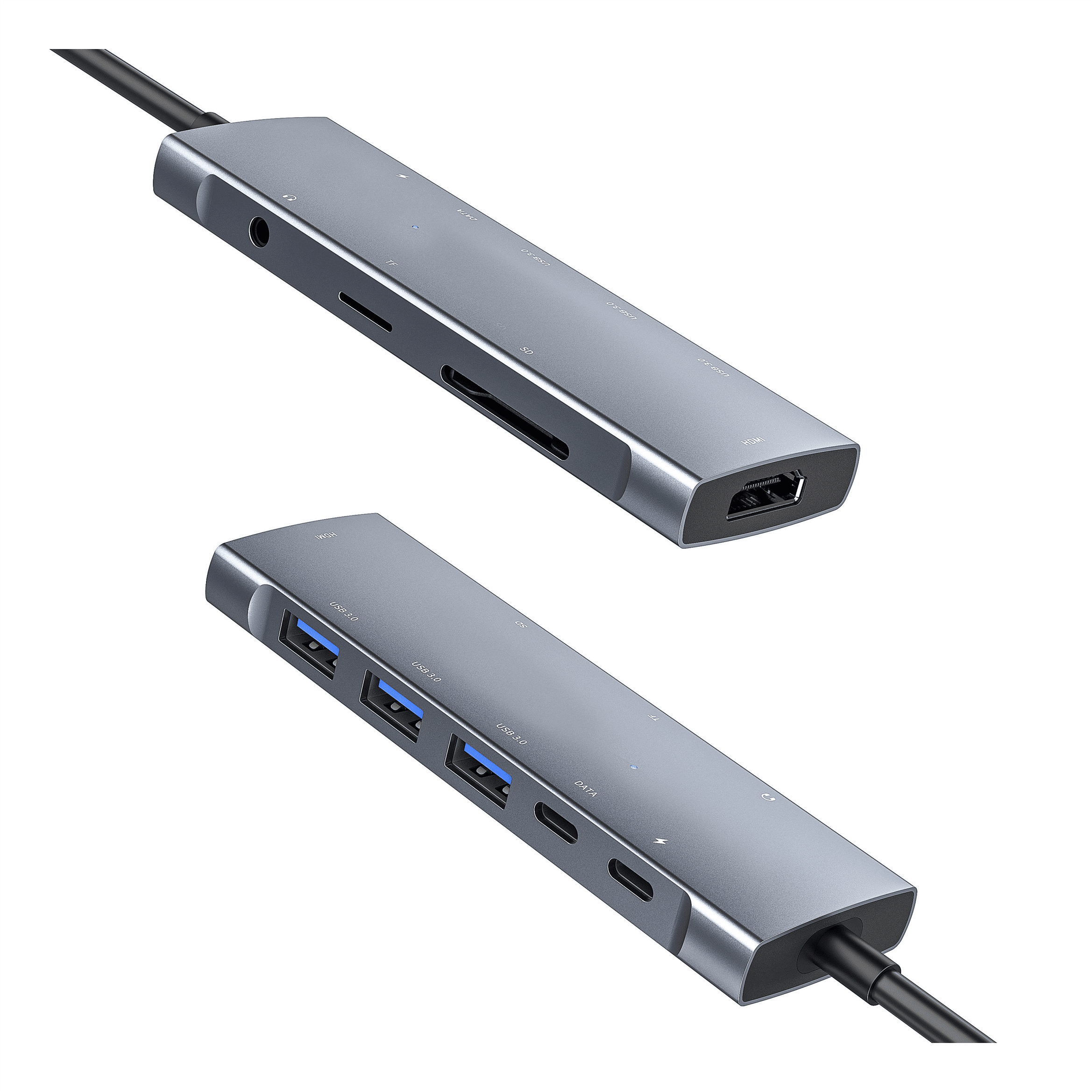 Grijze USB-C hub met poorten: HDMI, SD, TF, 3x USB 3.0, Data USB-C, audio jack.