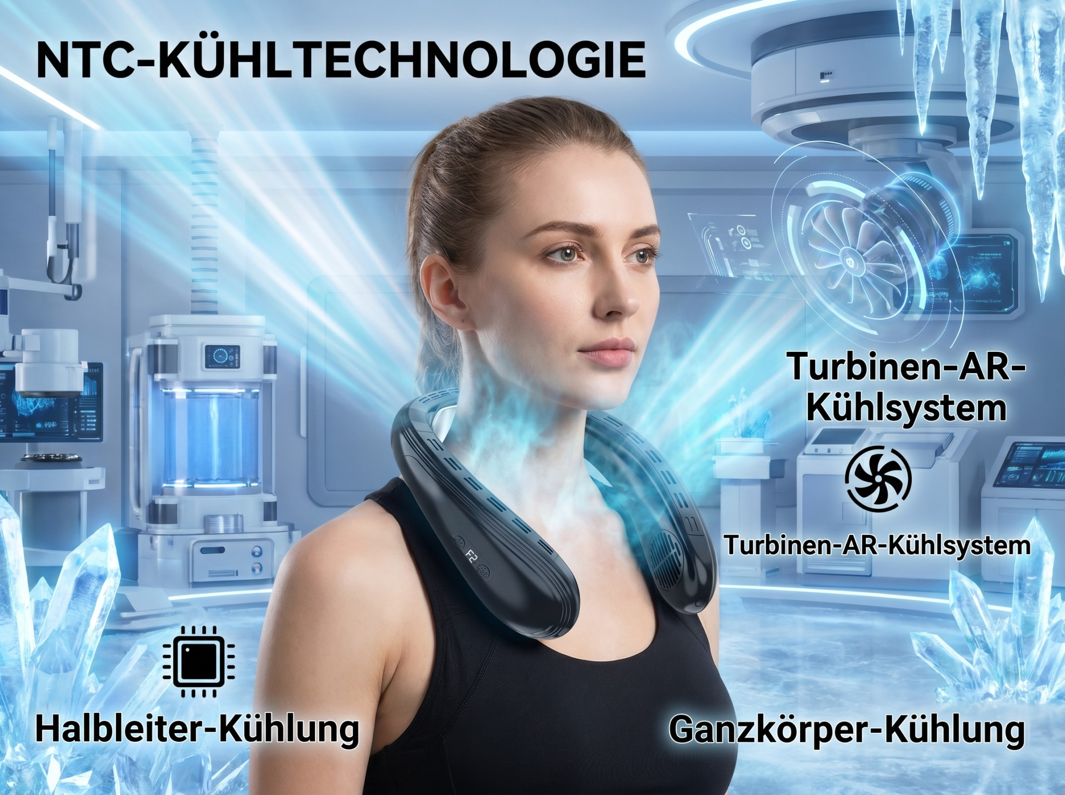 Frau trägt einen Nackenlüfter in einem futuristischen Kühlraum mit Eis und Technologie.