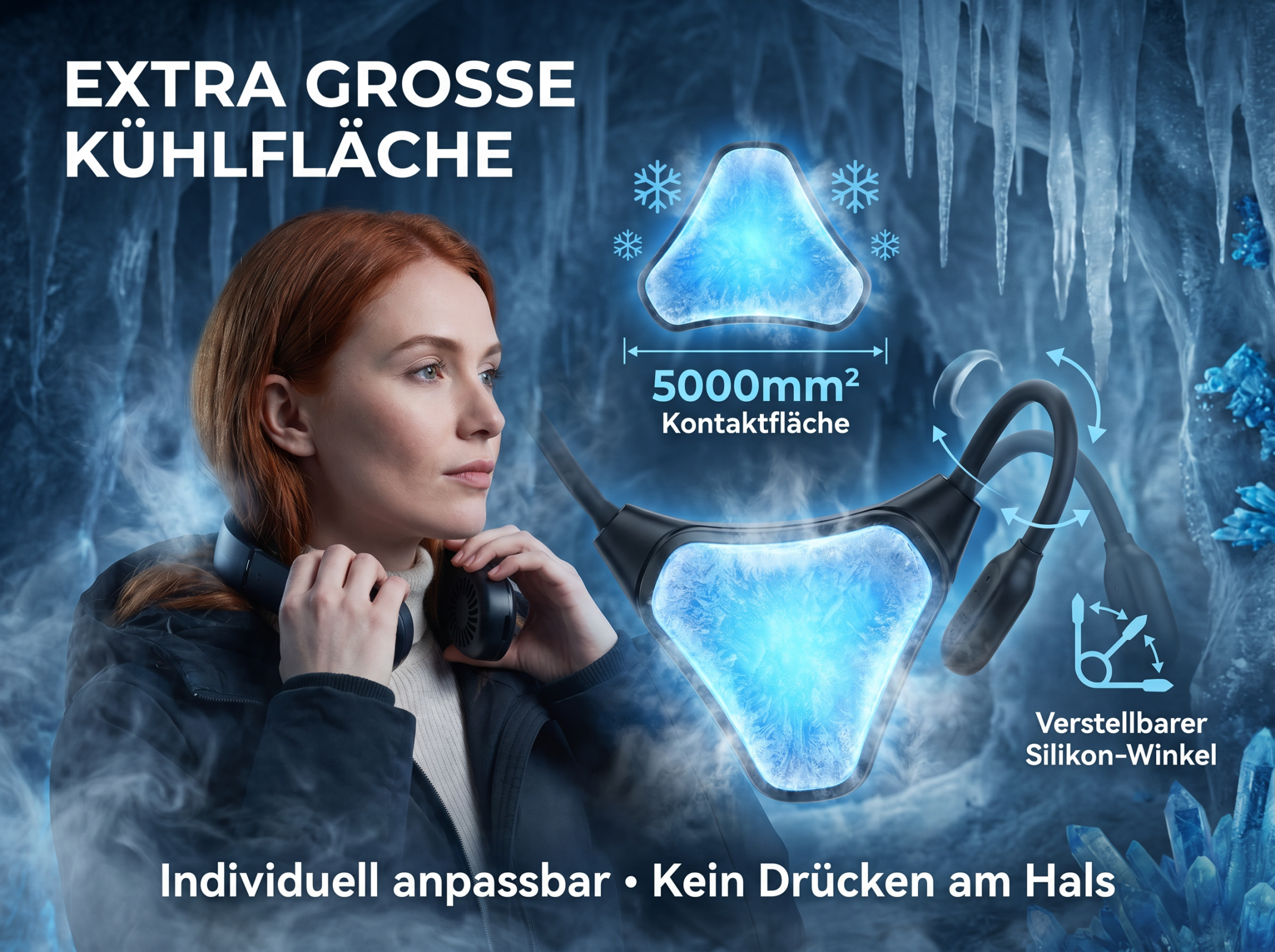 Frau mit Kühl-Nackenband in eisiger Umgebung. "Extra große Kühlfläche".