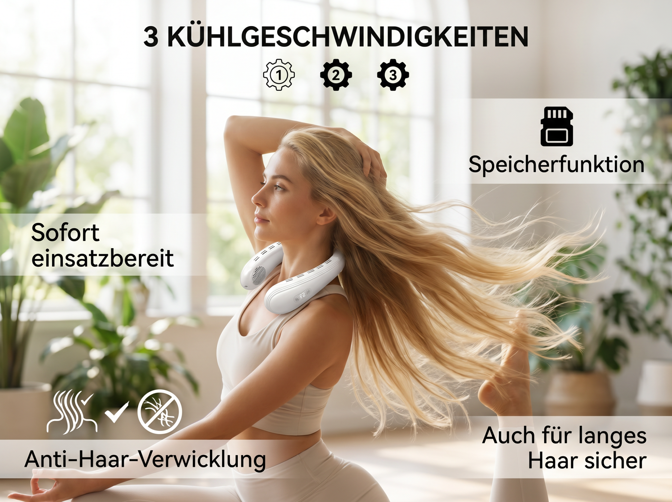 Frau mit Nackenfächer, 3 Kühlgeschwindigkeiten, Speicherfunktion.