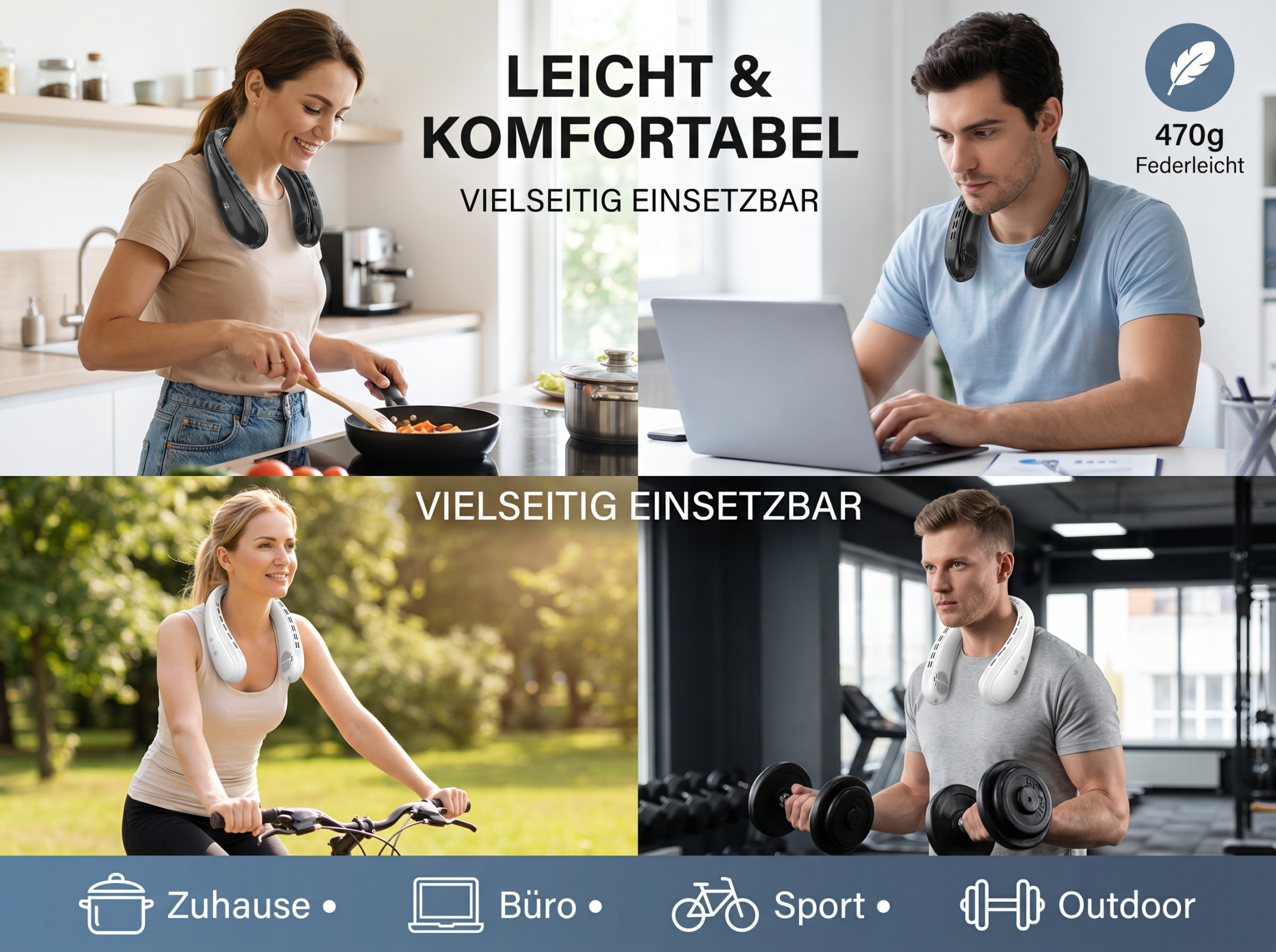 Vier Szenen: Kochen, Büro, Radfahren, Fitnessstudio. Mit Nackenventilator.