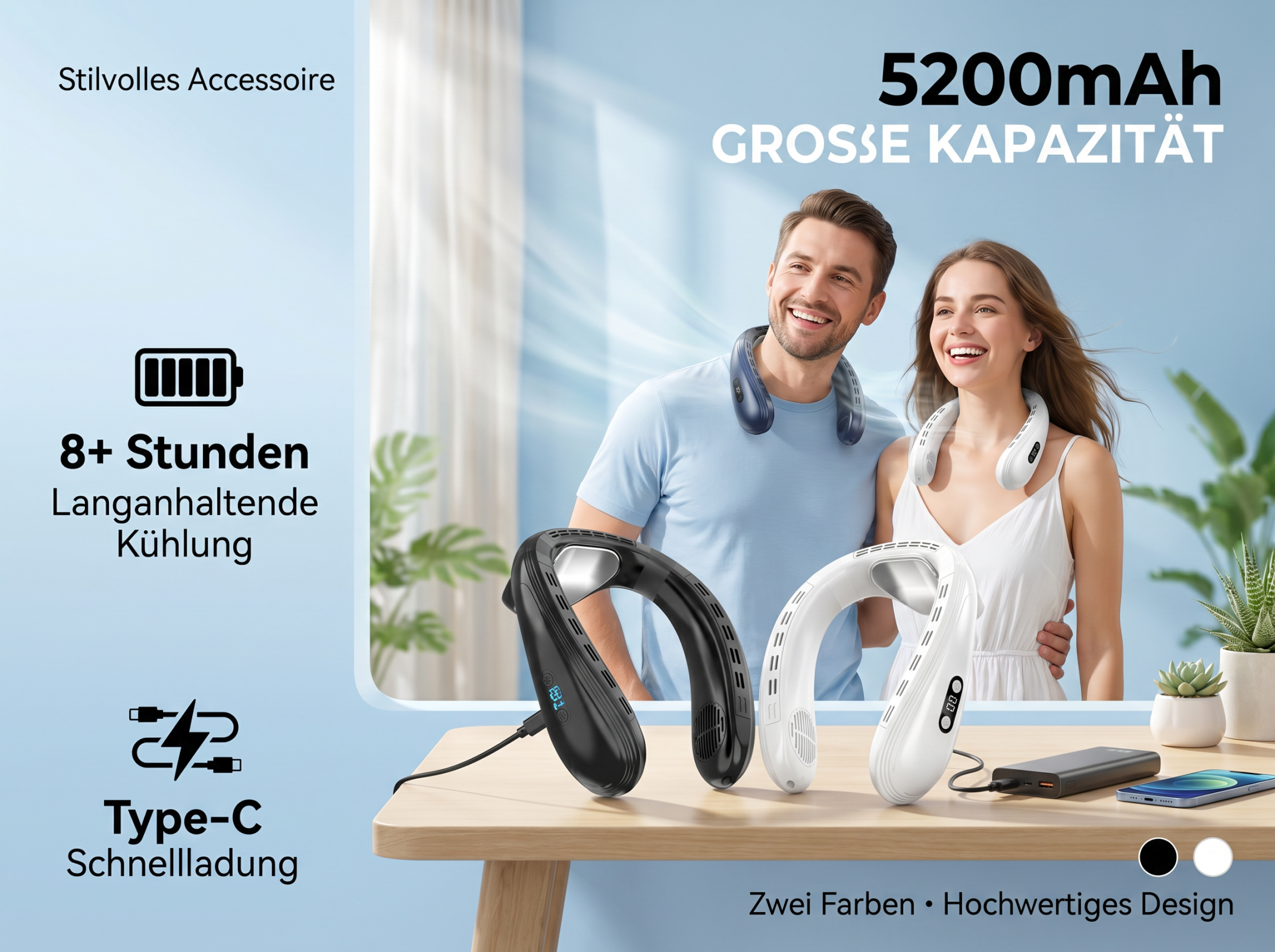 Ein Mann und eine Frau tragen Halslüfter. Zwei Lüfter liegen auf einem Tisch.