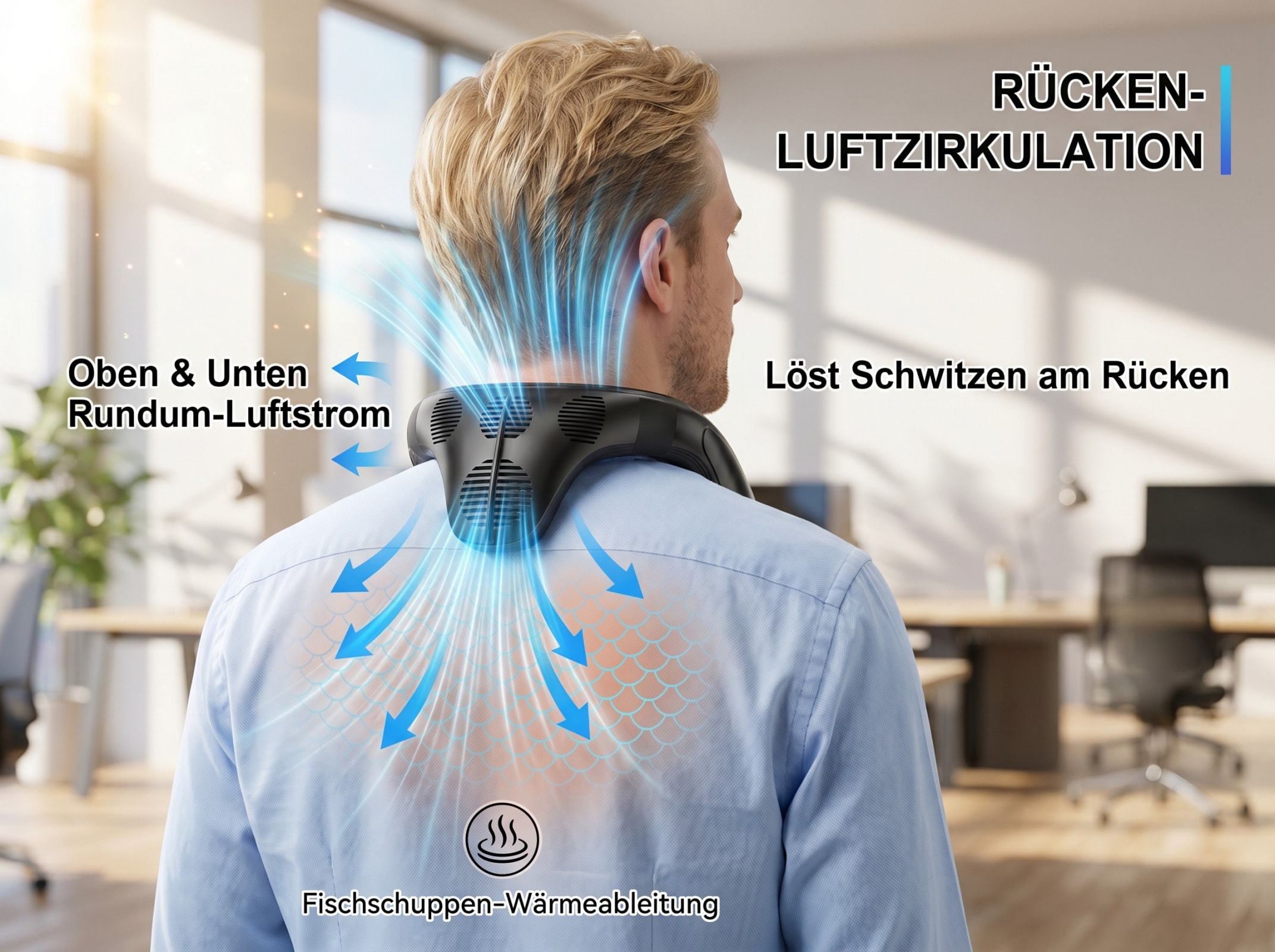 Mann mit Nackenventilator, der Luft am Rücken verteilt.