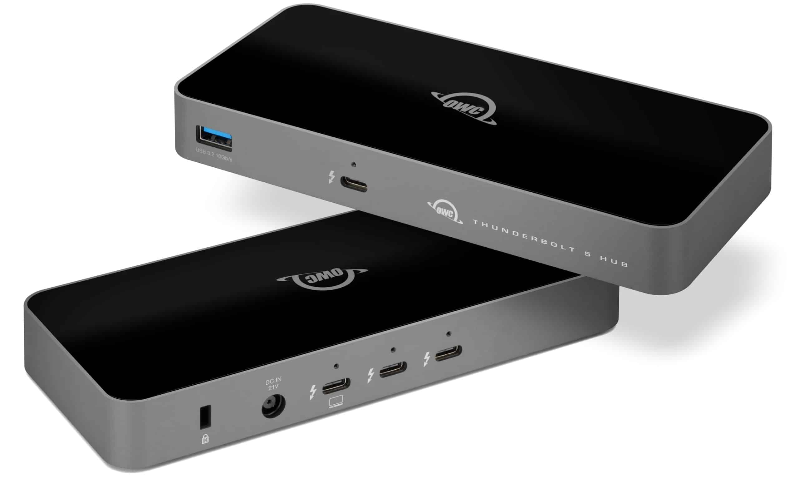 Twee OWC Thunderbolt 5 Hubs op elkaar gestapeld. Grijze basis, zwart top met OWC logo.