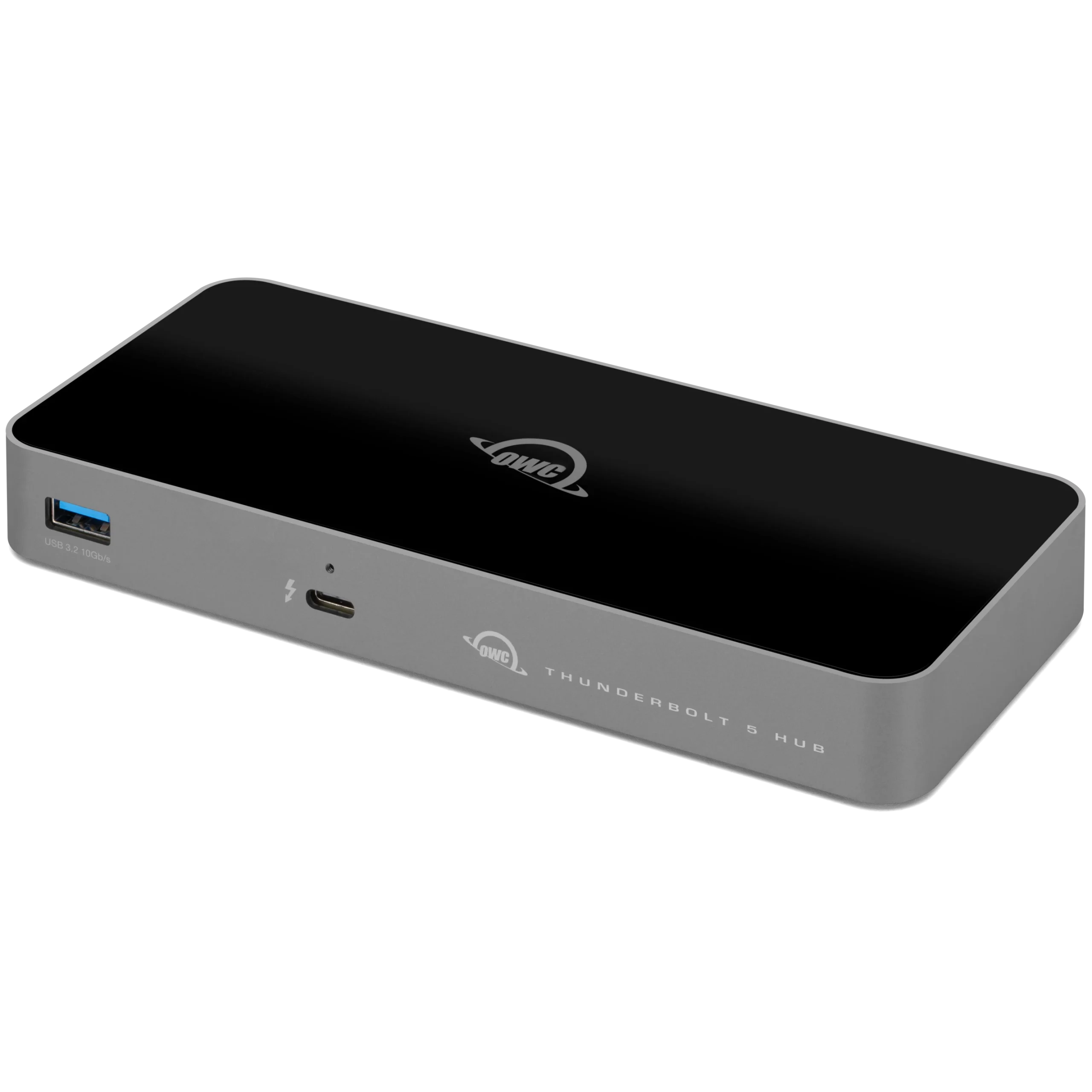 Een grijze OWC Thunderbolt 5 hub met zwart bovenoppervlak en poorten.