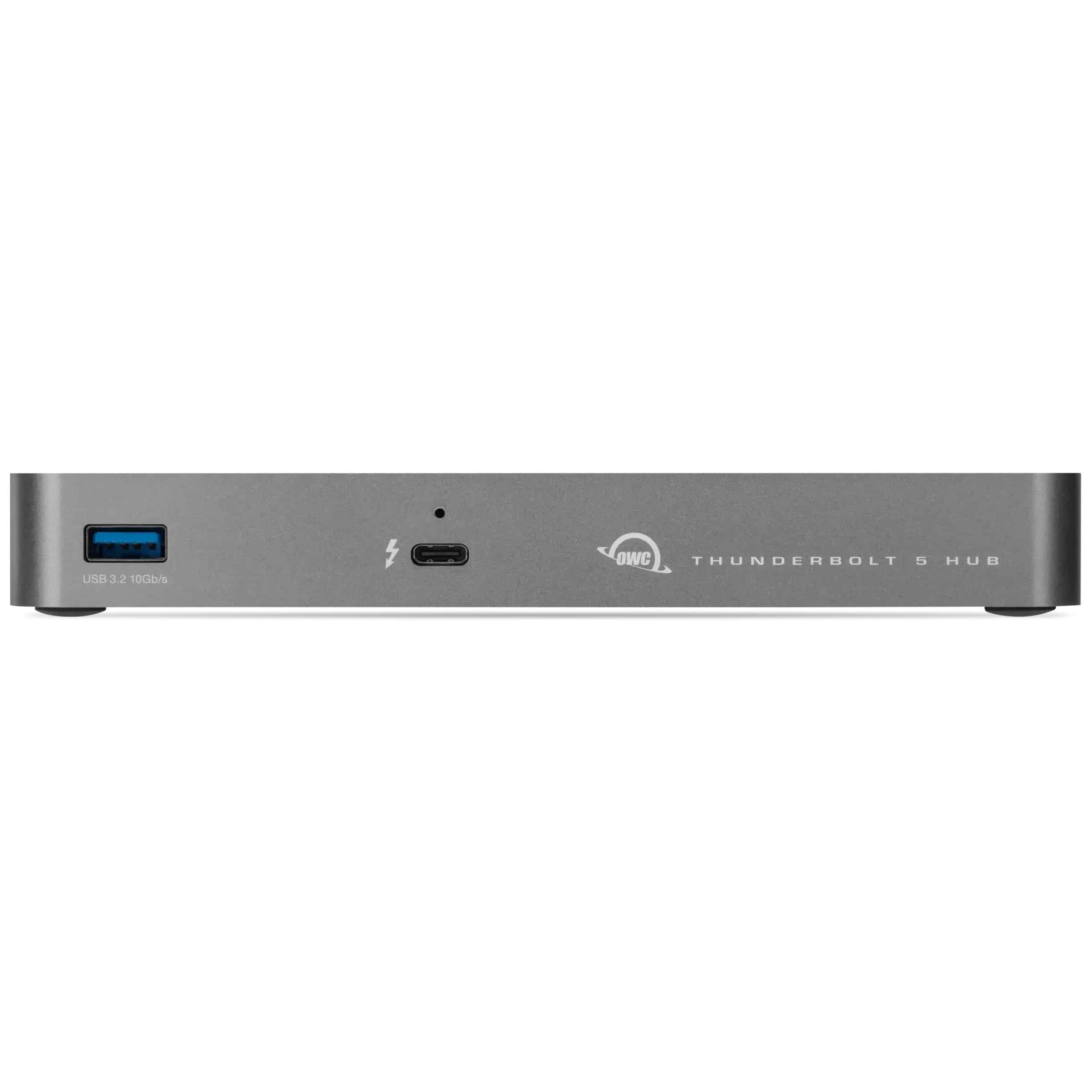 Grijze Thunderbolt 5 hub met USB-A en USB-C poorten.