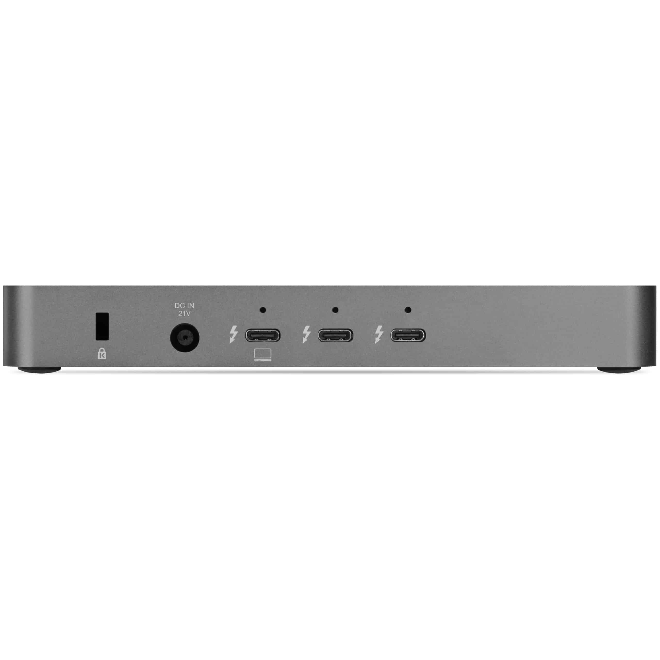 Grijs rechthoekig apparaat met poorten: DC IN, Kensington slot, DisplayPort en drie Thunderbolt.