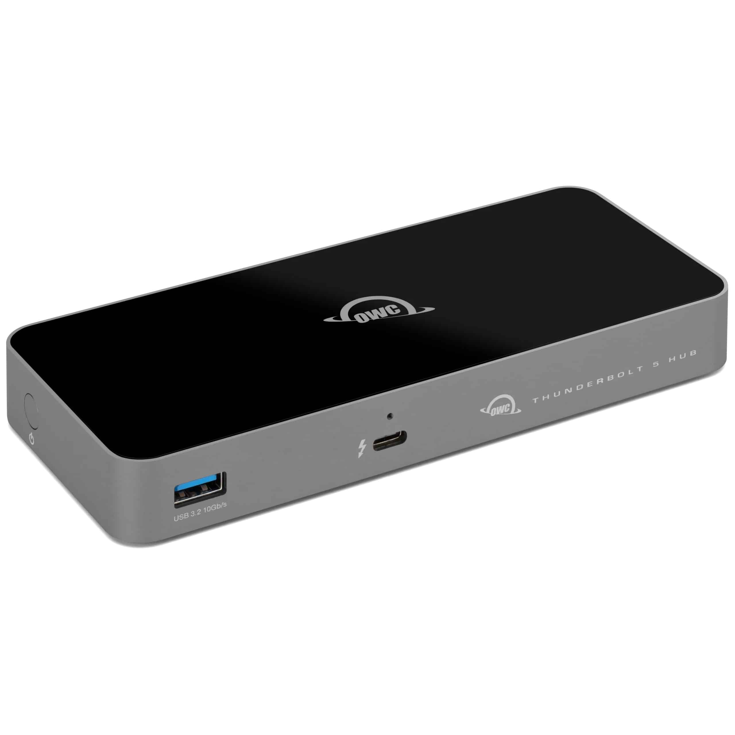 Grijze OWC Thunderbolt 5 hub met zwart bovenblad en poorten.
