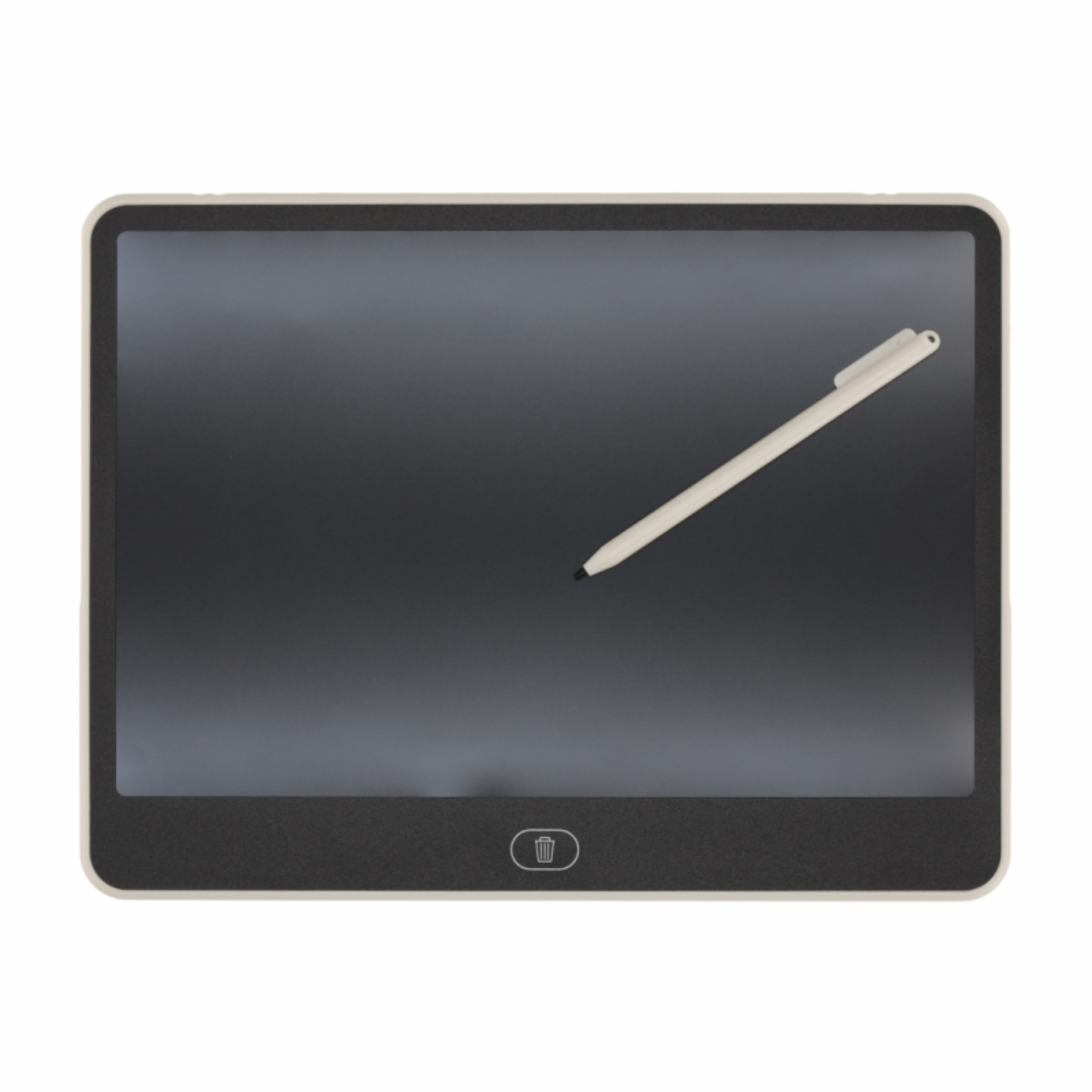 A beige stylus rests on a dark digital notepad with a trash can icon.