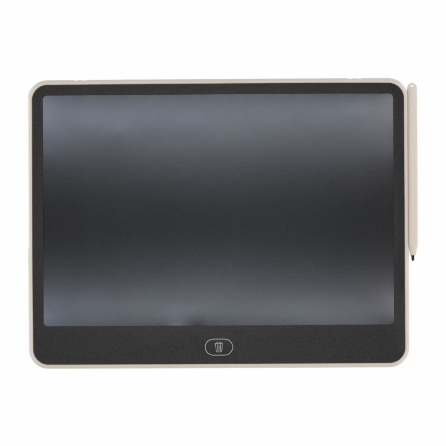 A beige tablet with a dark screen and a stylus on its right side.