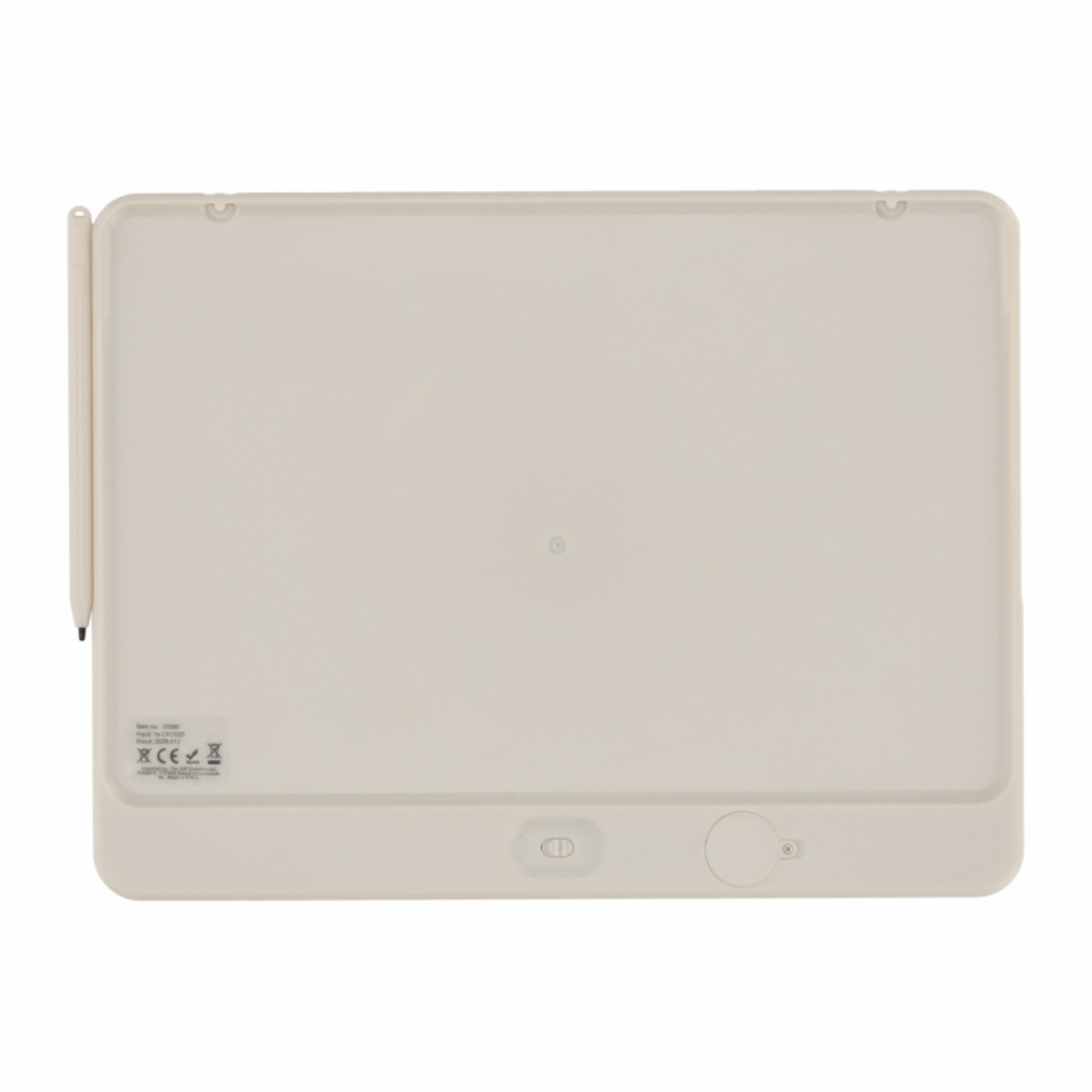 A beige LCD writing tablet with a stylus attached to the left side.