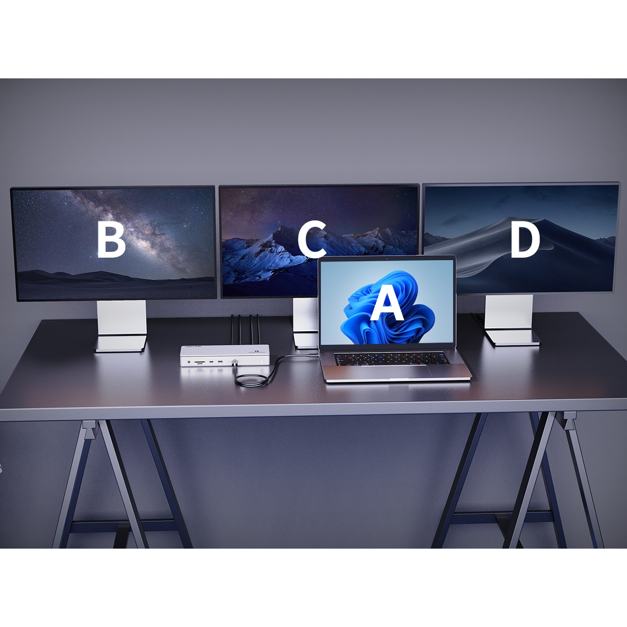 Een laptop (A) voor drie monitoren (B, C, D) met landschappen.