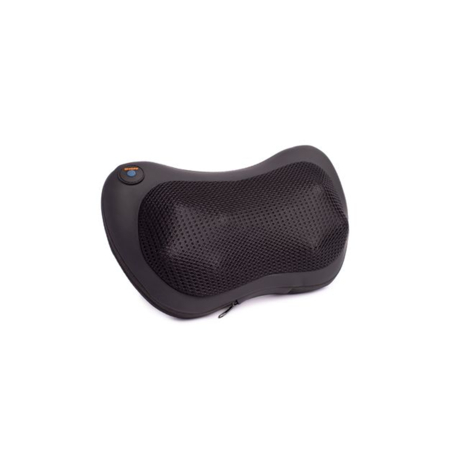 A black neck pillow with a mesh surface and a blue on/off button.