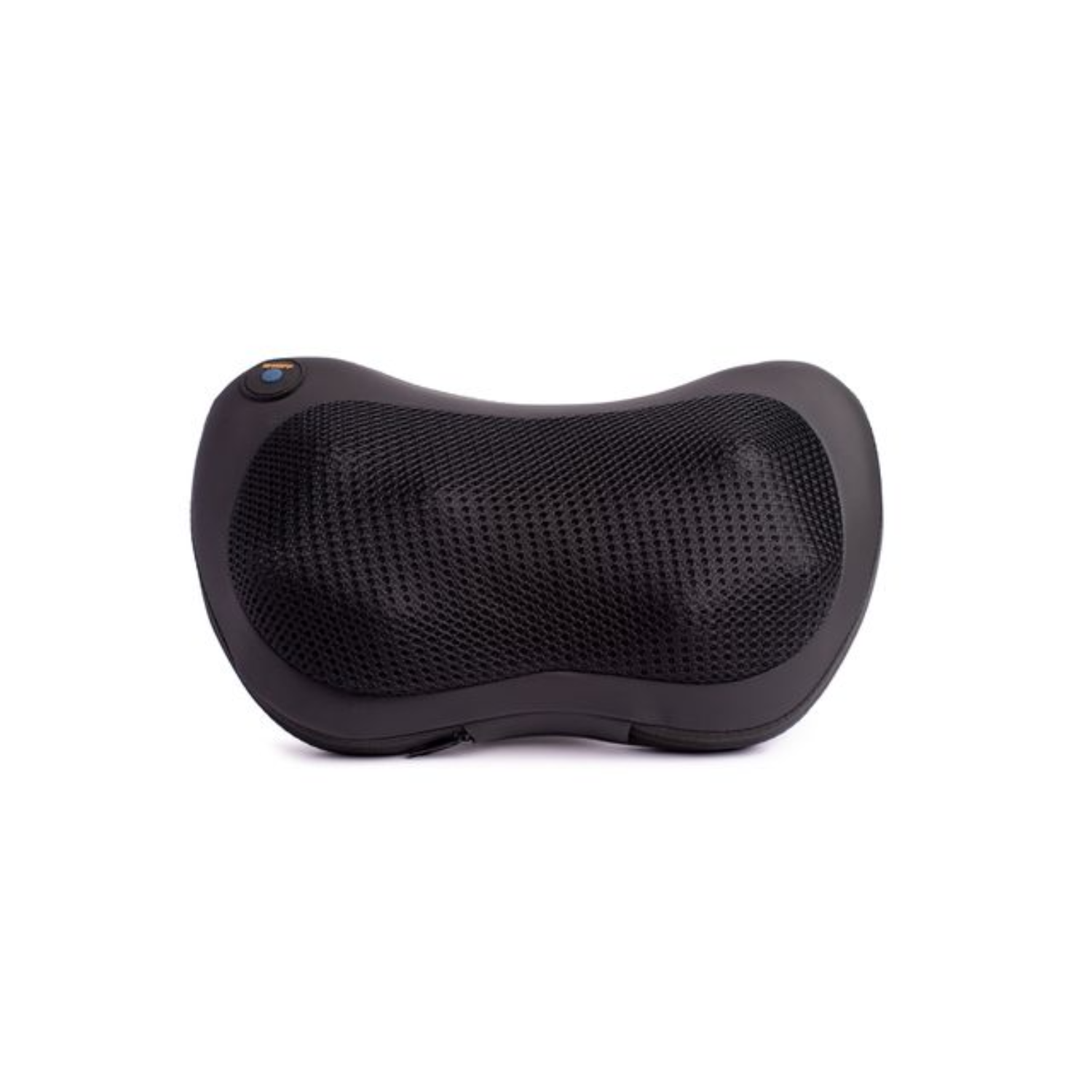 Black massage pillow with a mesh surface and a blue button.
