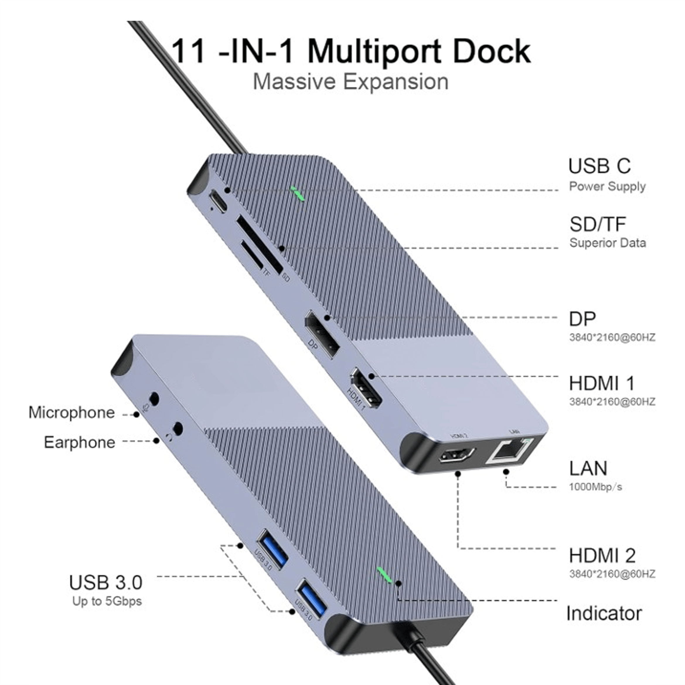 11-in-1 multiport dock met USB-C, SD/TF, DP, HDMI, LAN, USB 3.0 poorten.