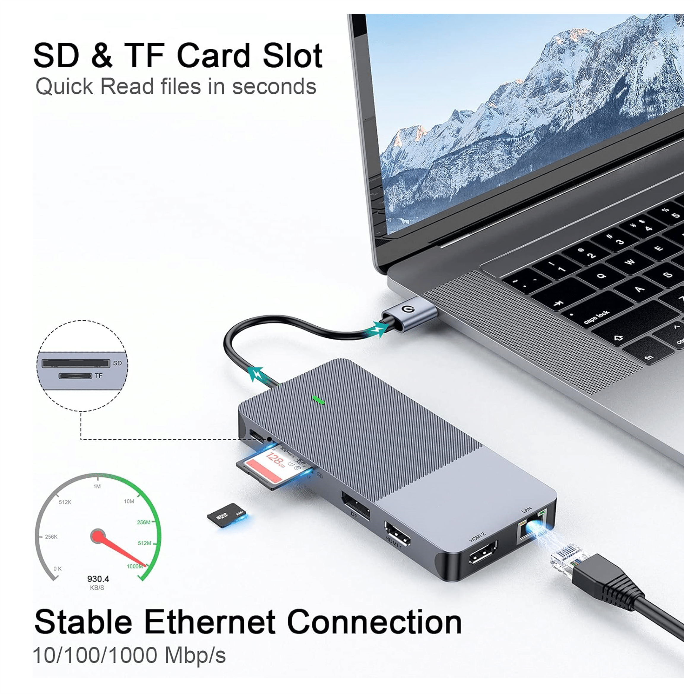 Een laptop is verbonden met een hub met SD/TF-kaartsleuven en LAN.