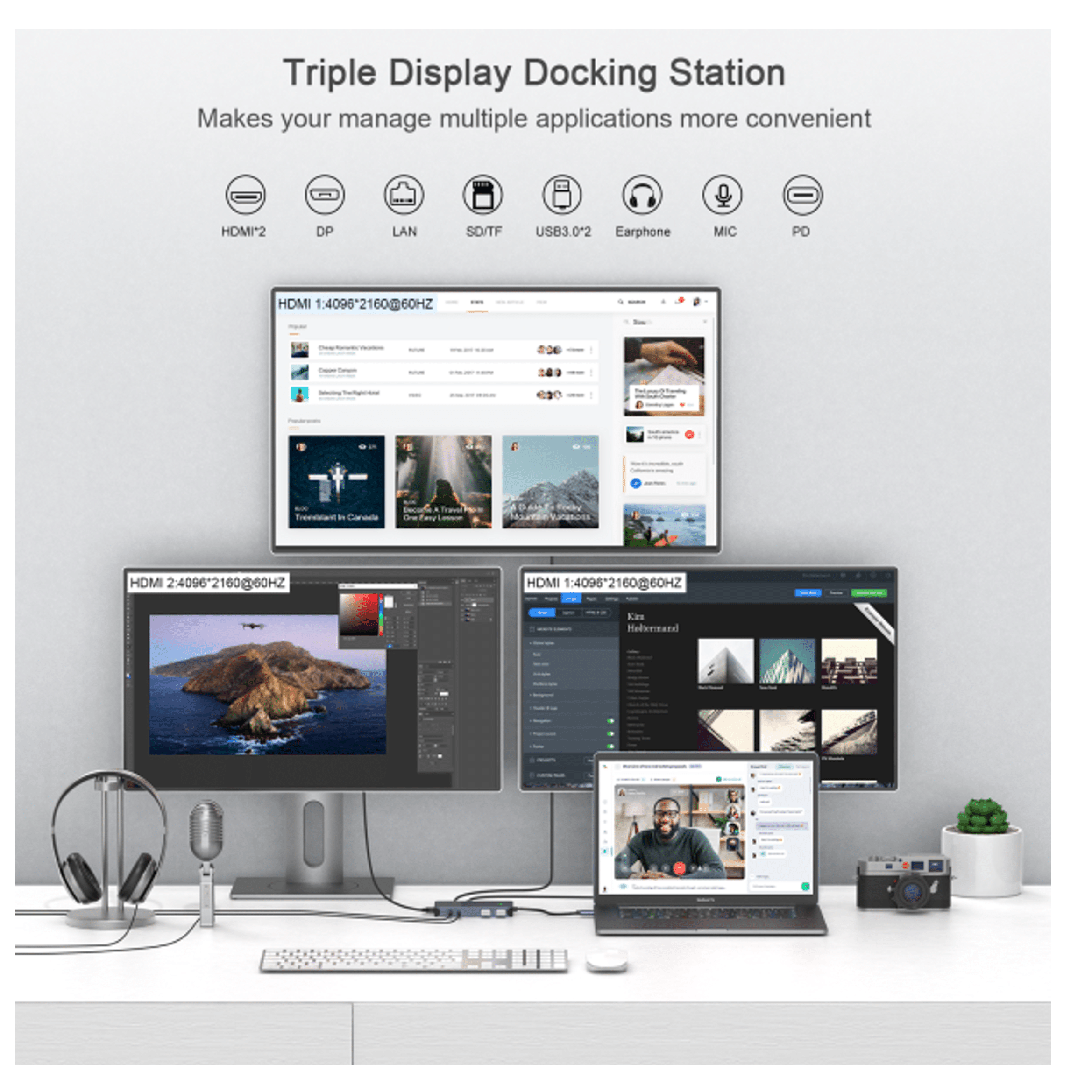 Een bureau met drie monitoren, docking station, koptelefoon, microfoon en laptop.