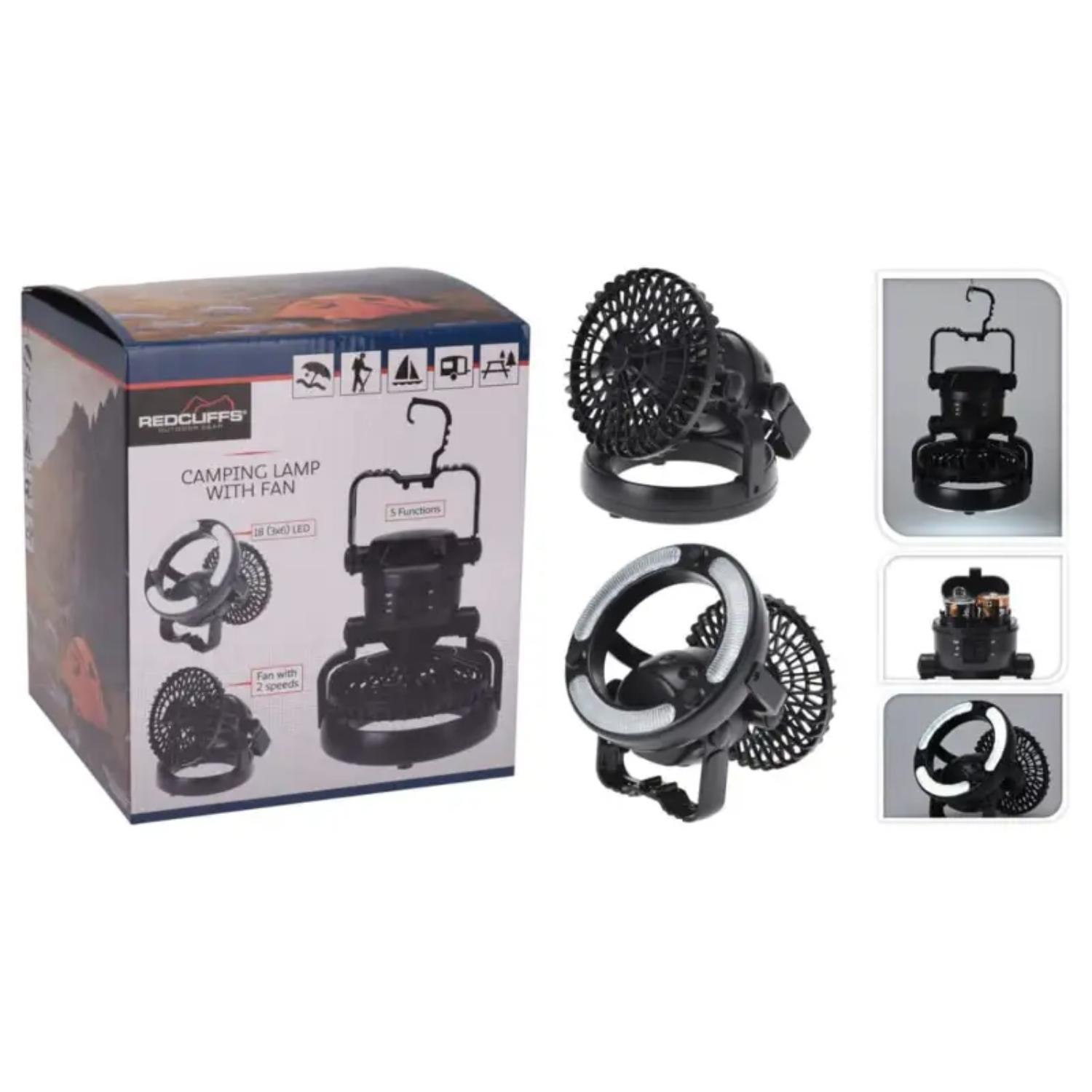 Zwarte campinglamp met ventilator en LED-ring, op verpakking.