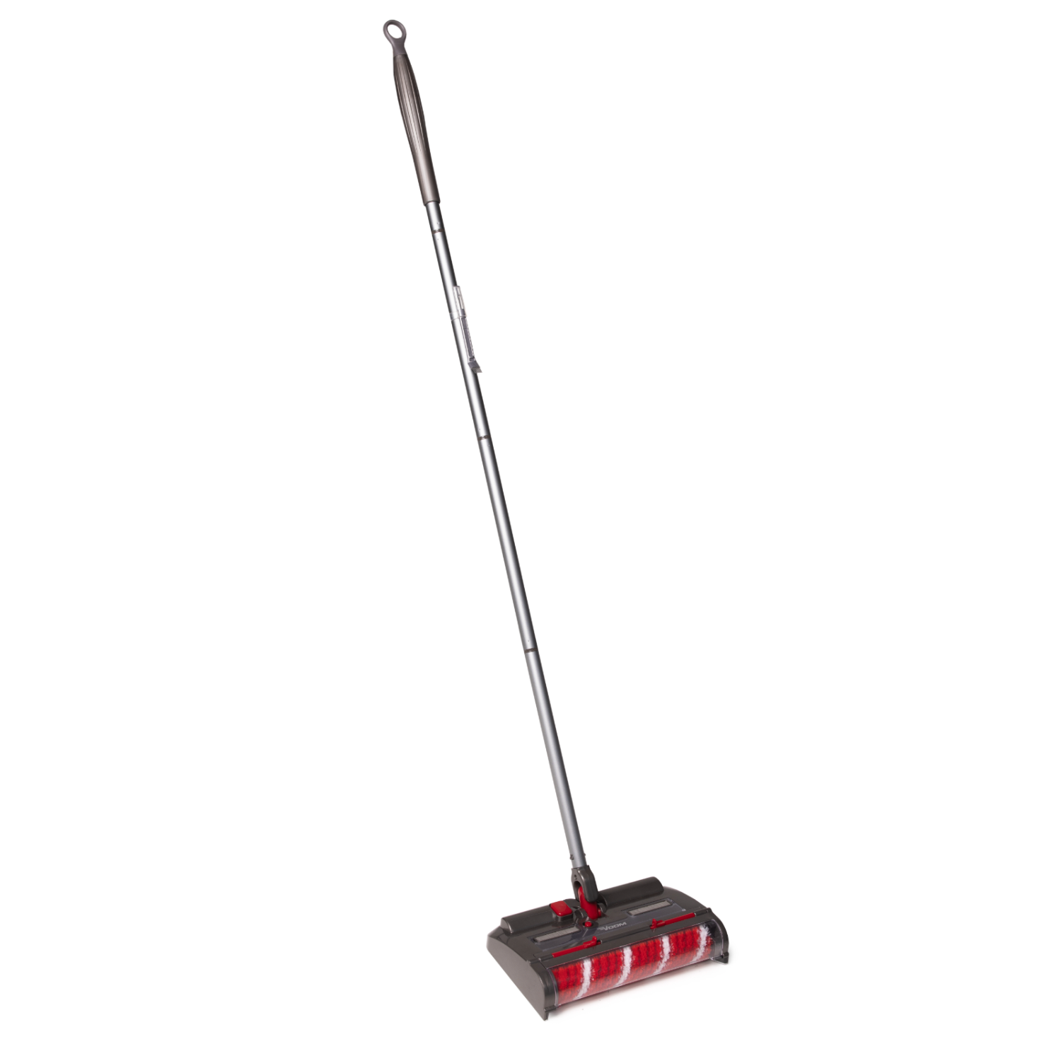 Een draadloze bezem met een grijze steel en een grijze paal.