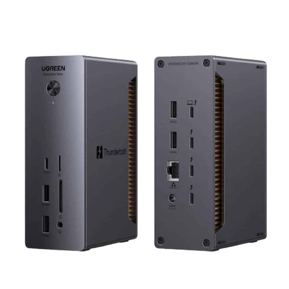 Twee grijze UGREEN Thunderbolt 4 dockingstations naast elkaar.