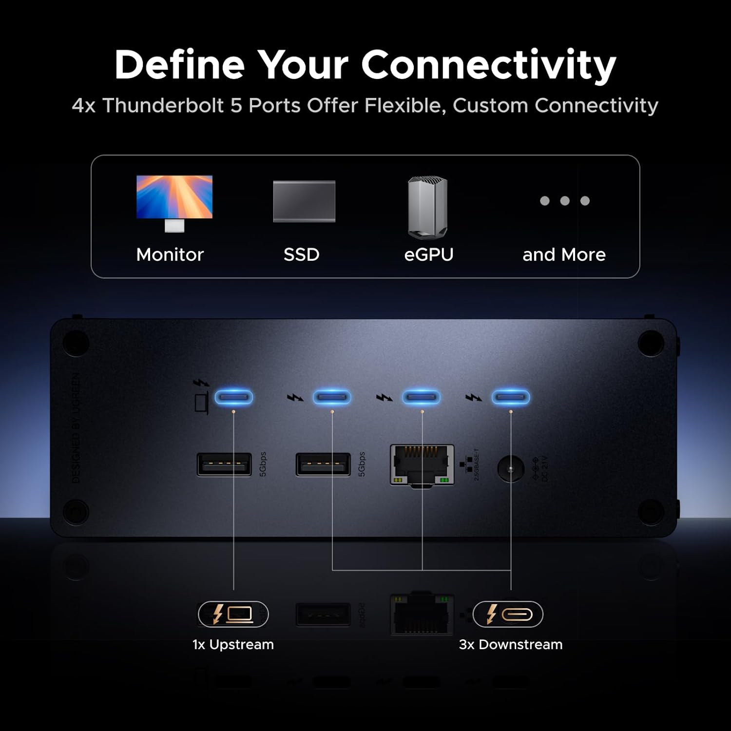 UGREEN Thunderbolt 5 hub: 4 USB-C, 2 USB-A, 1 Ethernet poorten. Sluit monitor, SSD, eGPU aan.
