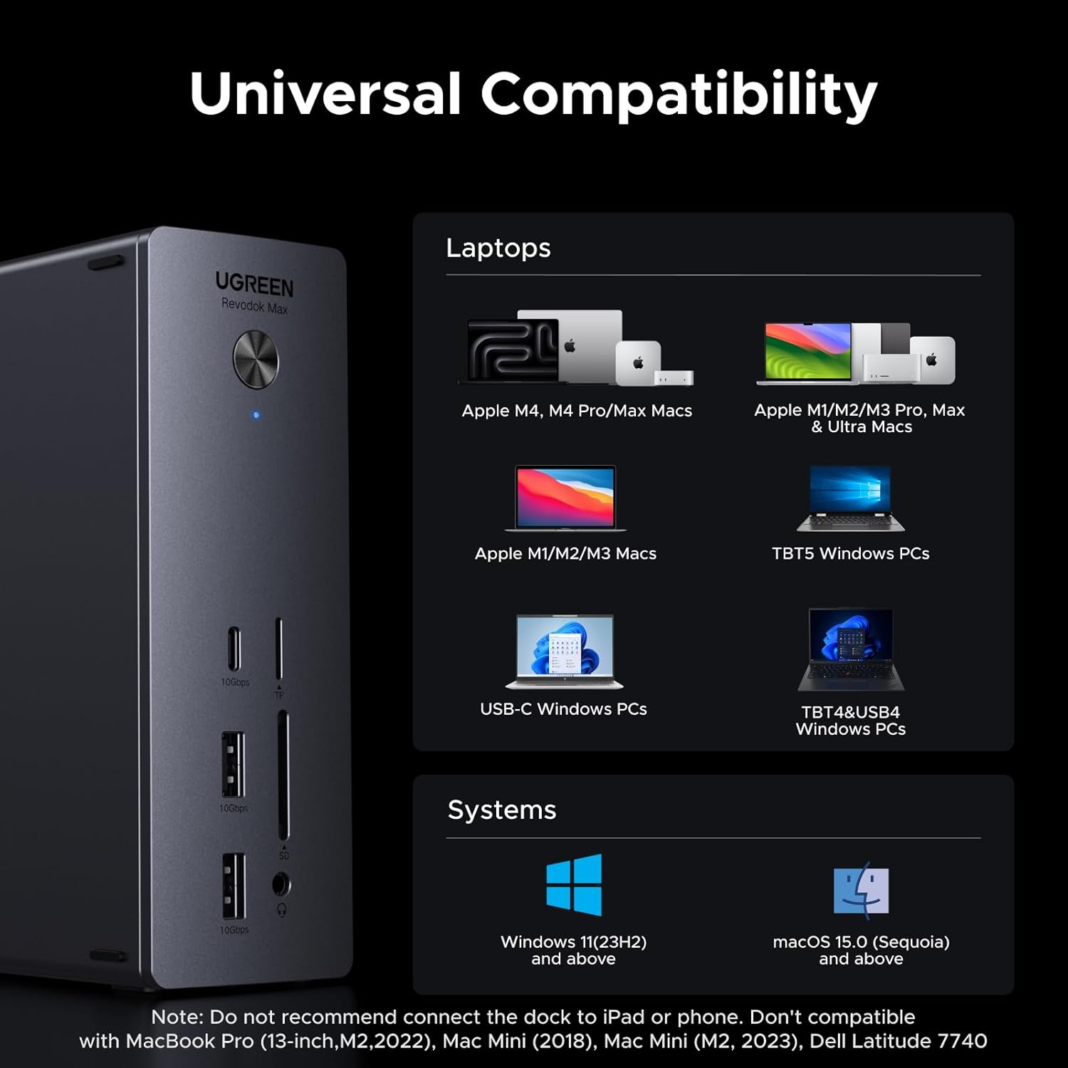 Zwarte UGREEN Revodok Max dock met poorten en compatibiliteitslijst voor laptops.