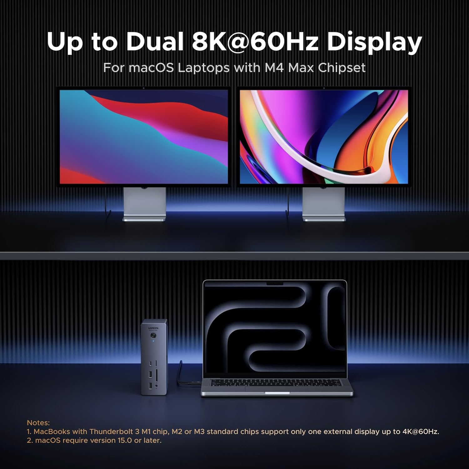 Twee 8K-schermen worden weergegeven vanaf een MacBook Pro via een dockingstation.