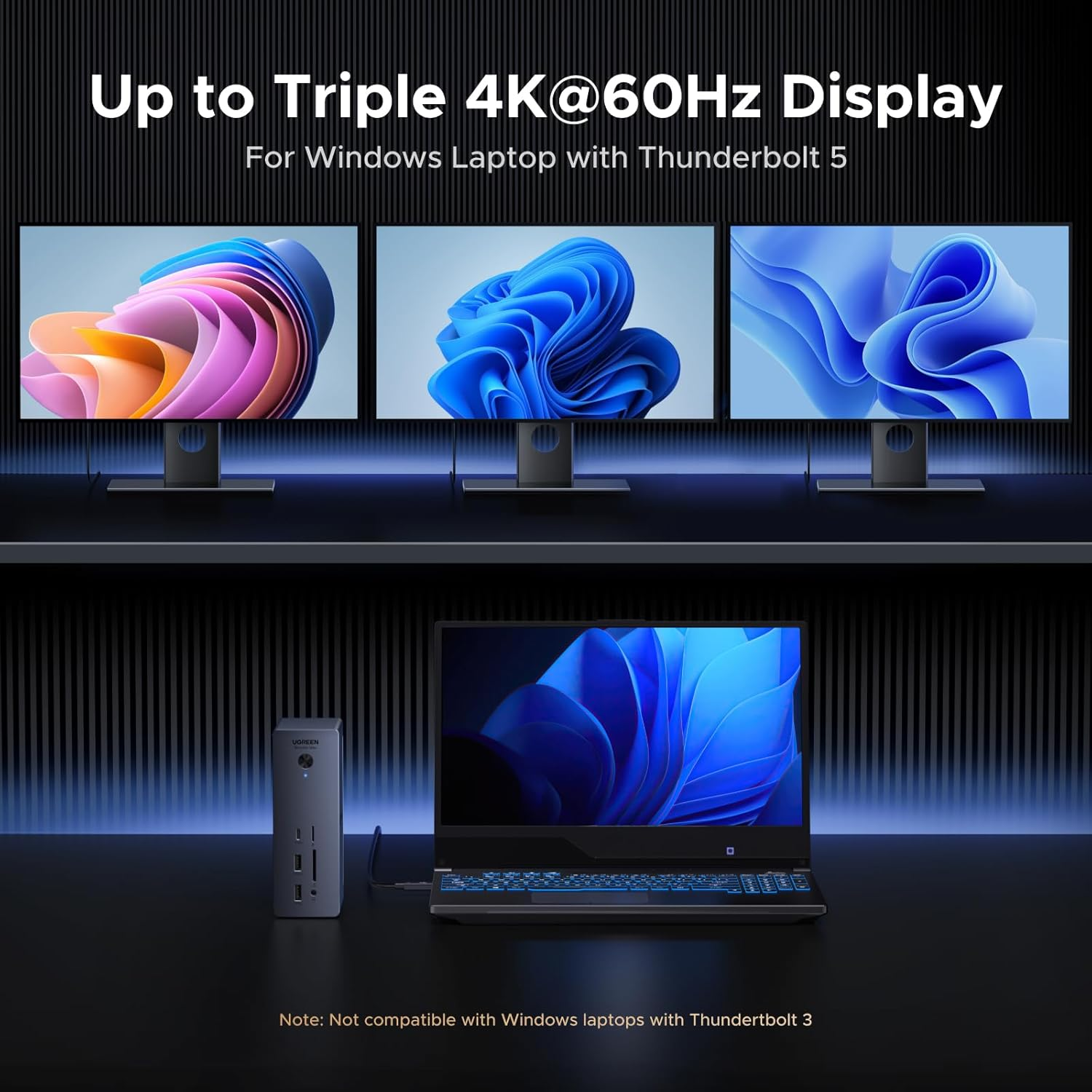 Drie 4K-monitoren met Windows-laptop en dockingstation.
