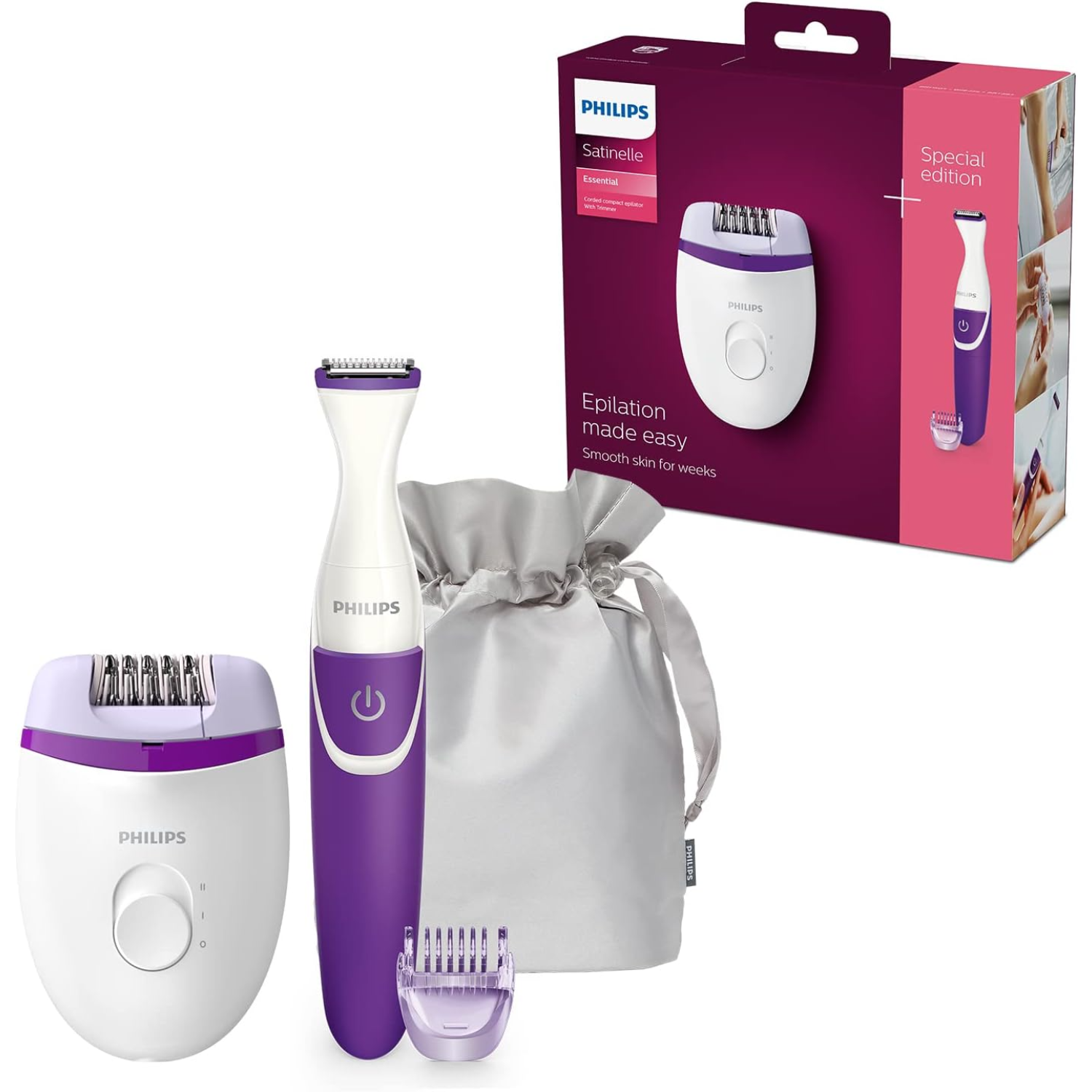 Philips epilator set with a white and purple epilator, trimmer, and pouch.