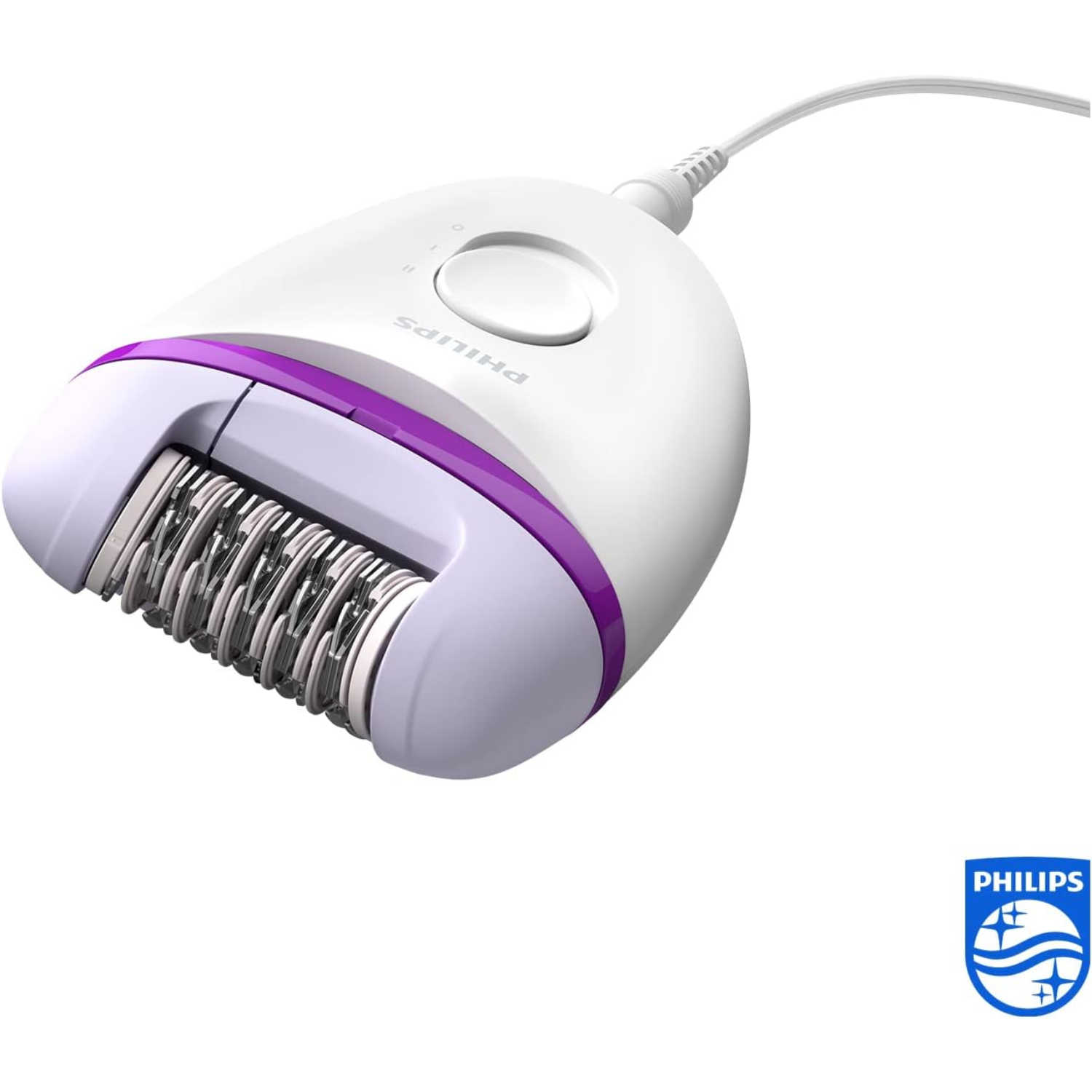 A white Philips epilator with purple accents and a cord.
