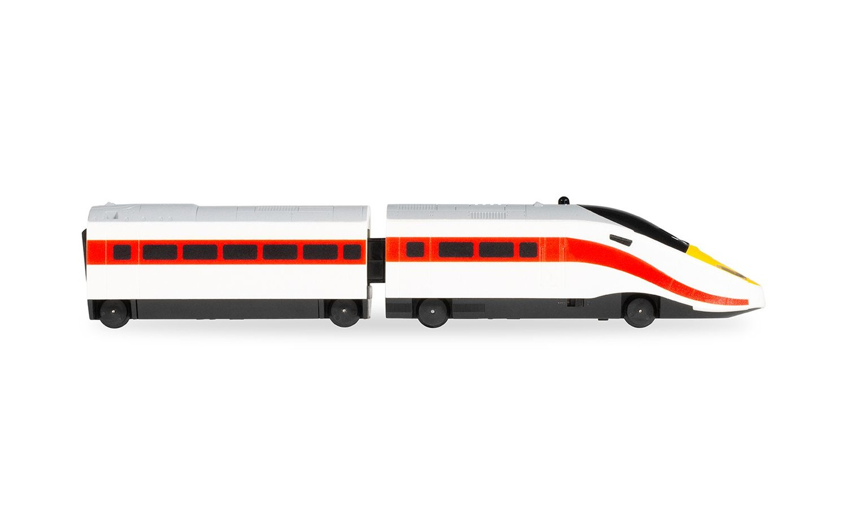 Biały pociąg zabawkowy z czerwonymi pasami i czarnymi oknami na białym tle.