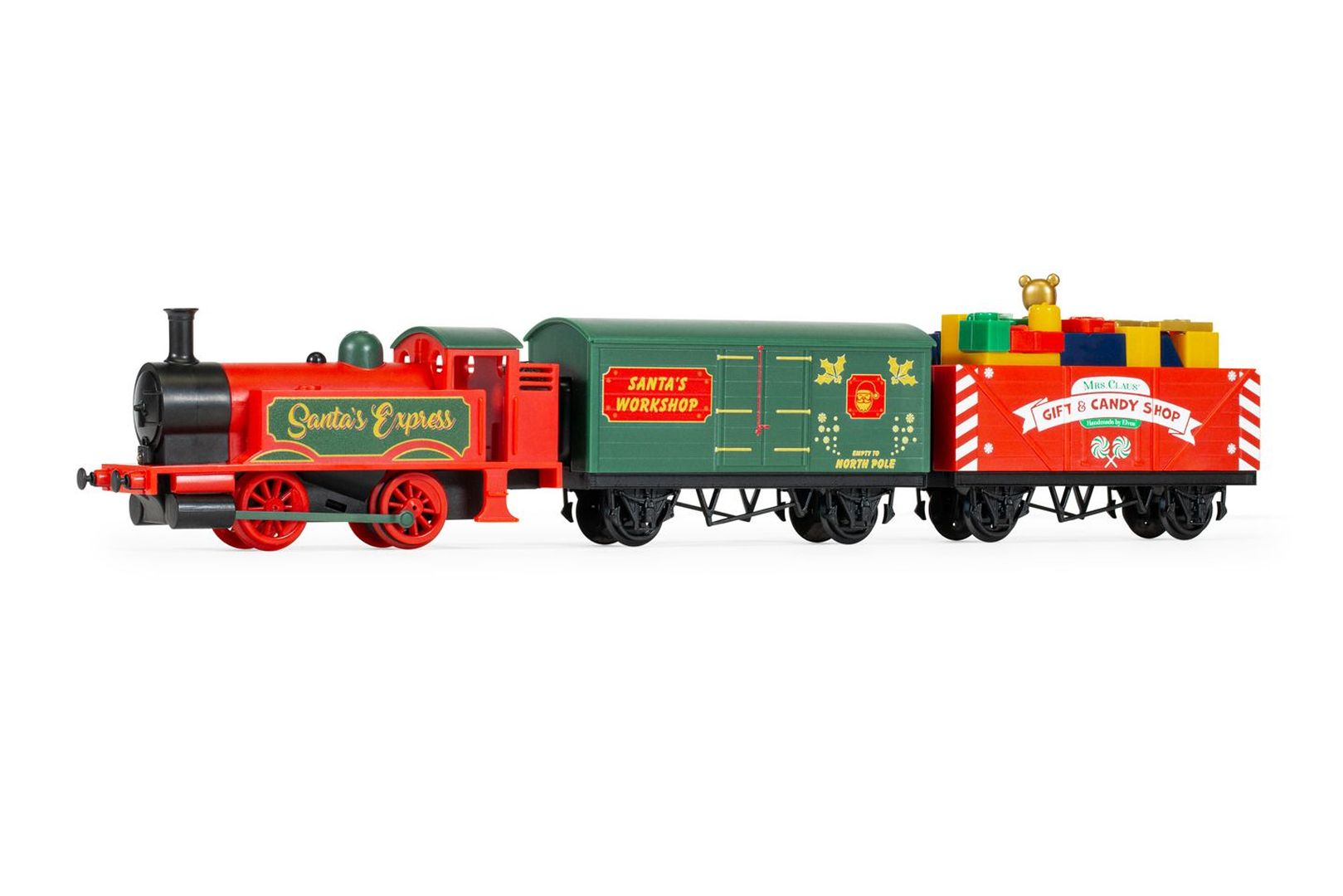 Zabawkowy pociąg z czerwoną lokomotywą "Santa's Express", zielonym wagonem "Santa's Workshop" i czerwonym wagonem "Gift & Candy Shop".