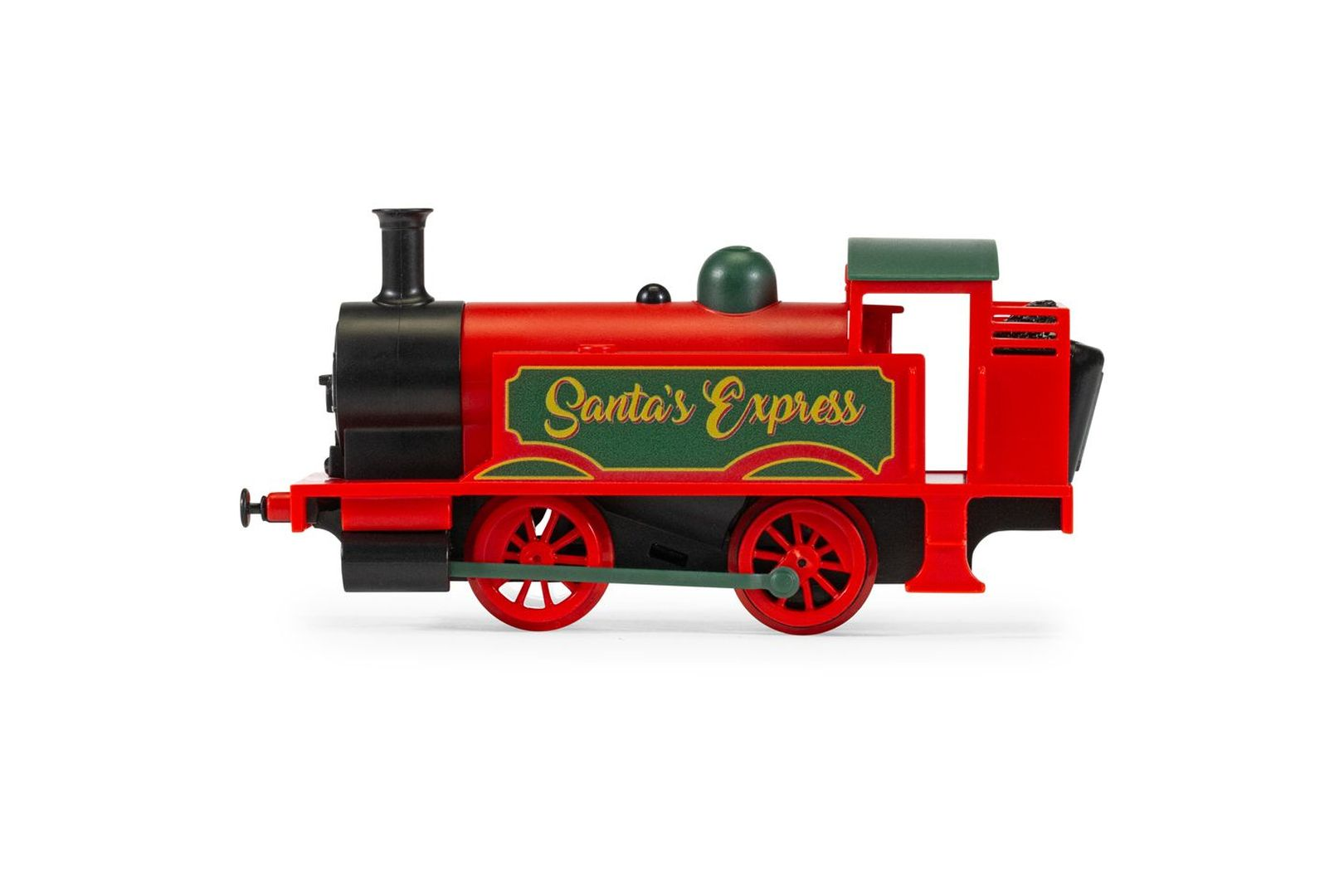Czerwona lokomotywa zabawka z napisem „Santa's Express” na zielonym znaku.