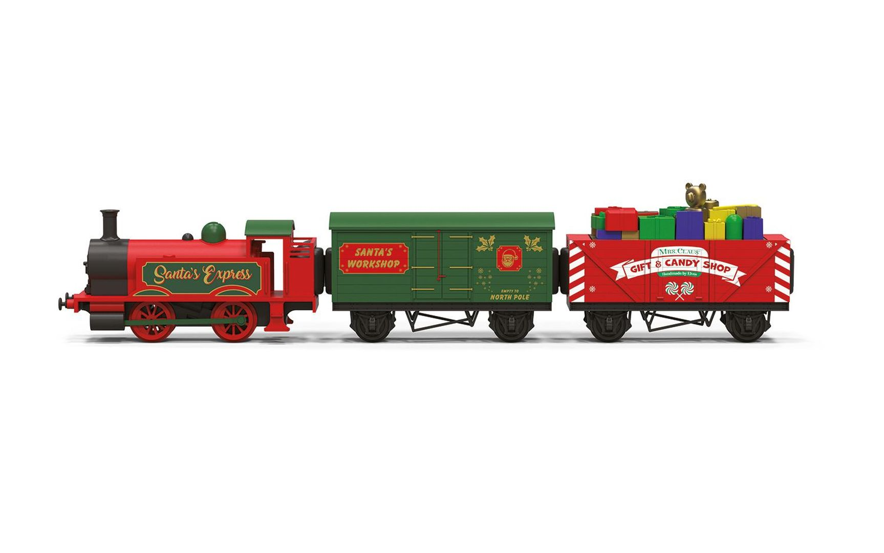 Świąteczny pociąg z czerwoną lokomotywą 'Santa's Express', zielonym wagonem 'Santa's Workshop' i czerwonym otwartym wagonem.