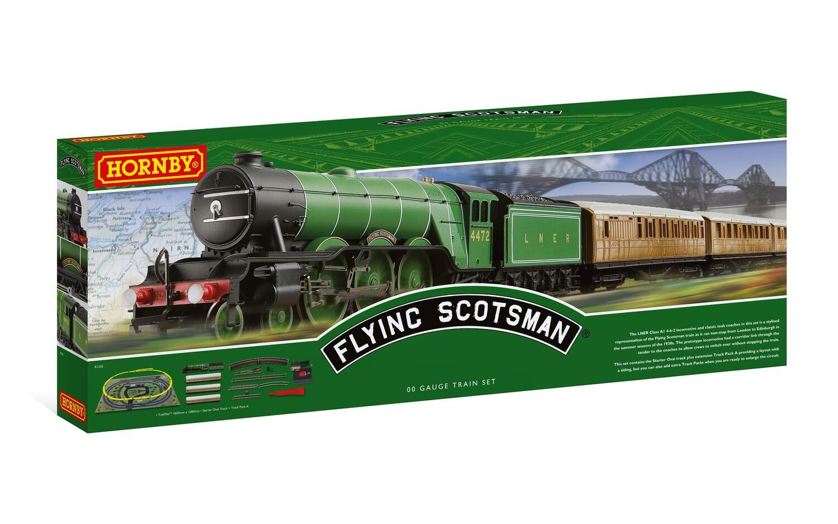 Zestaw kolejowy Hornby Flying Scotsman w skali 00 z zieloną lokomotywą i brązowymi wagonami.