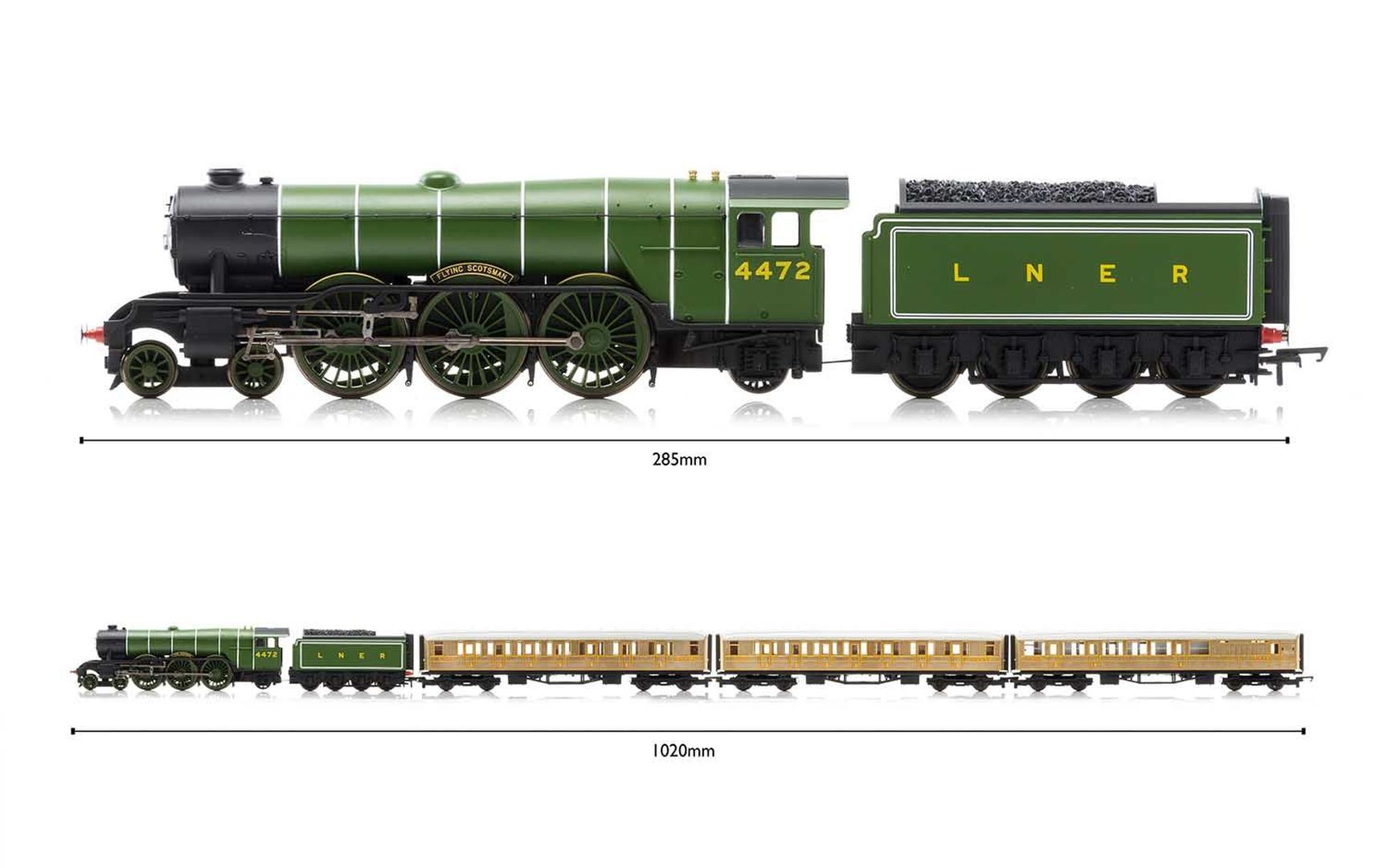 Zielony pociąg LNER Flying Scotsman z tendrem i wagonami.