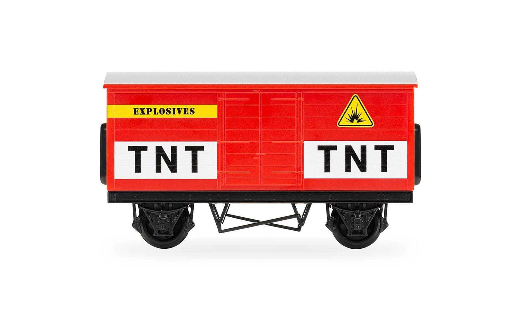 Czerwony wagon towarowy z żółtym pasem z napisem MATERIAŁY WYBUCHOWE i TNT.