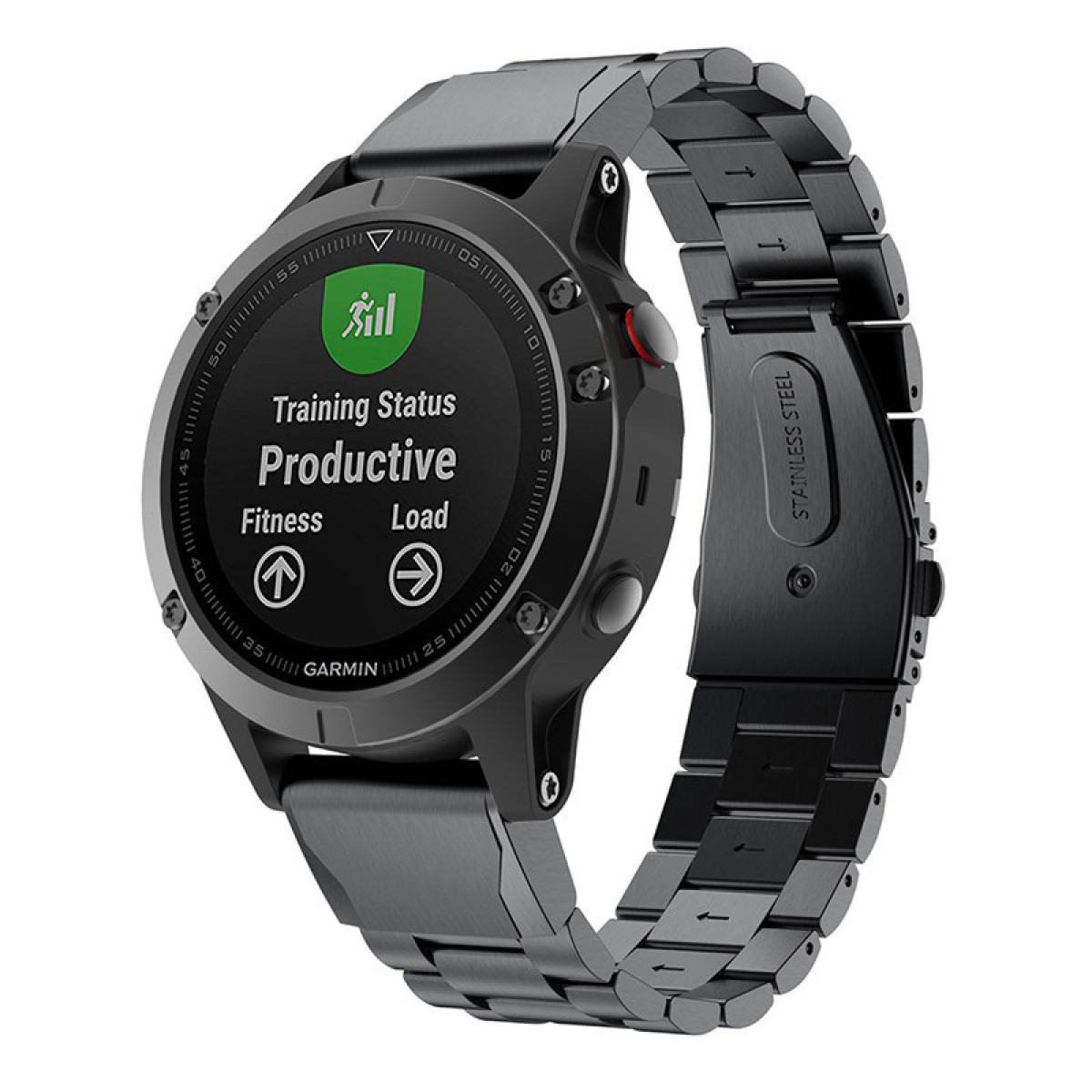 Czarny smartwatch z metalową bransoletą pokazujący status 'Produktywny'.