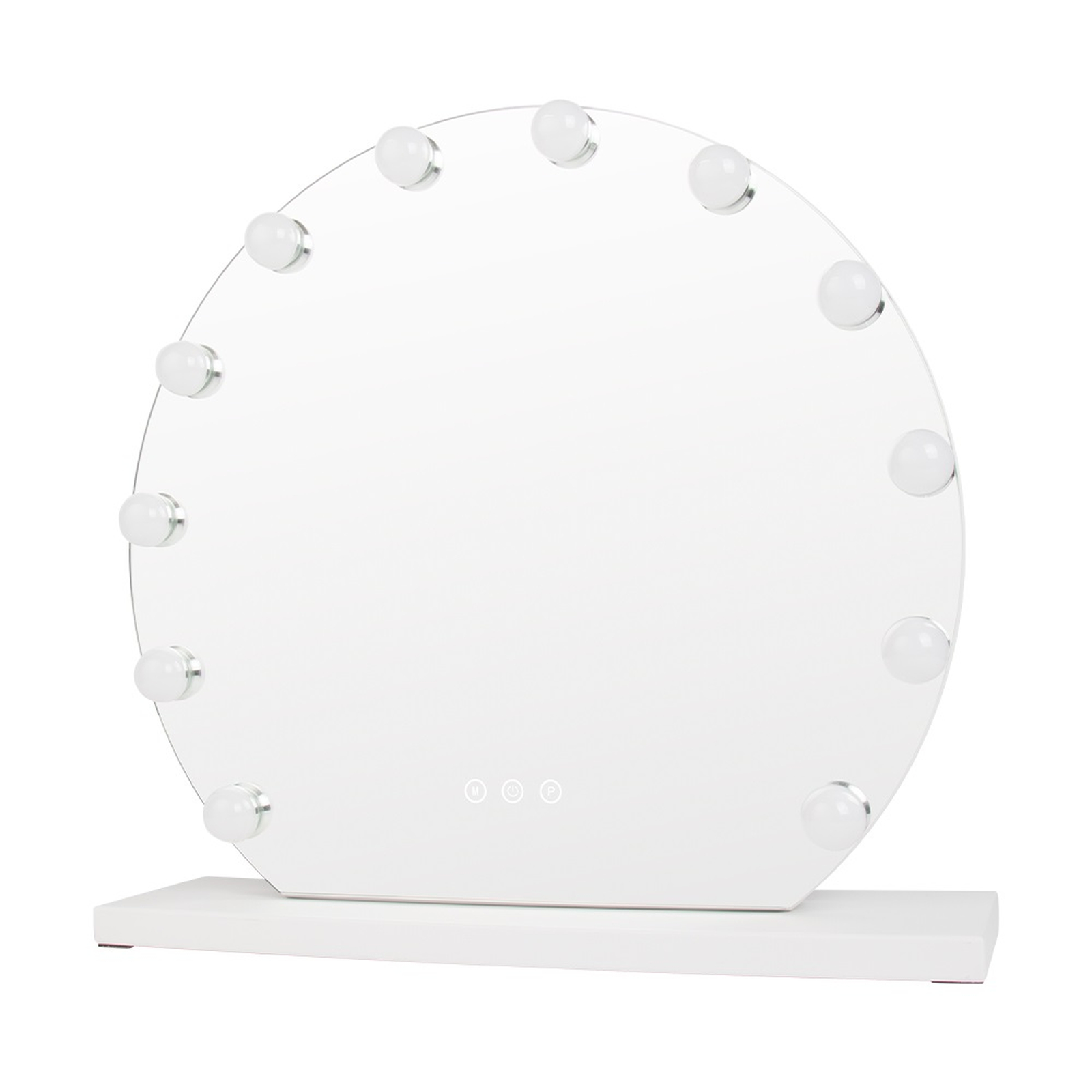 Specchio da trucco rotondo con luci su base bianca.