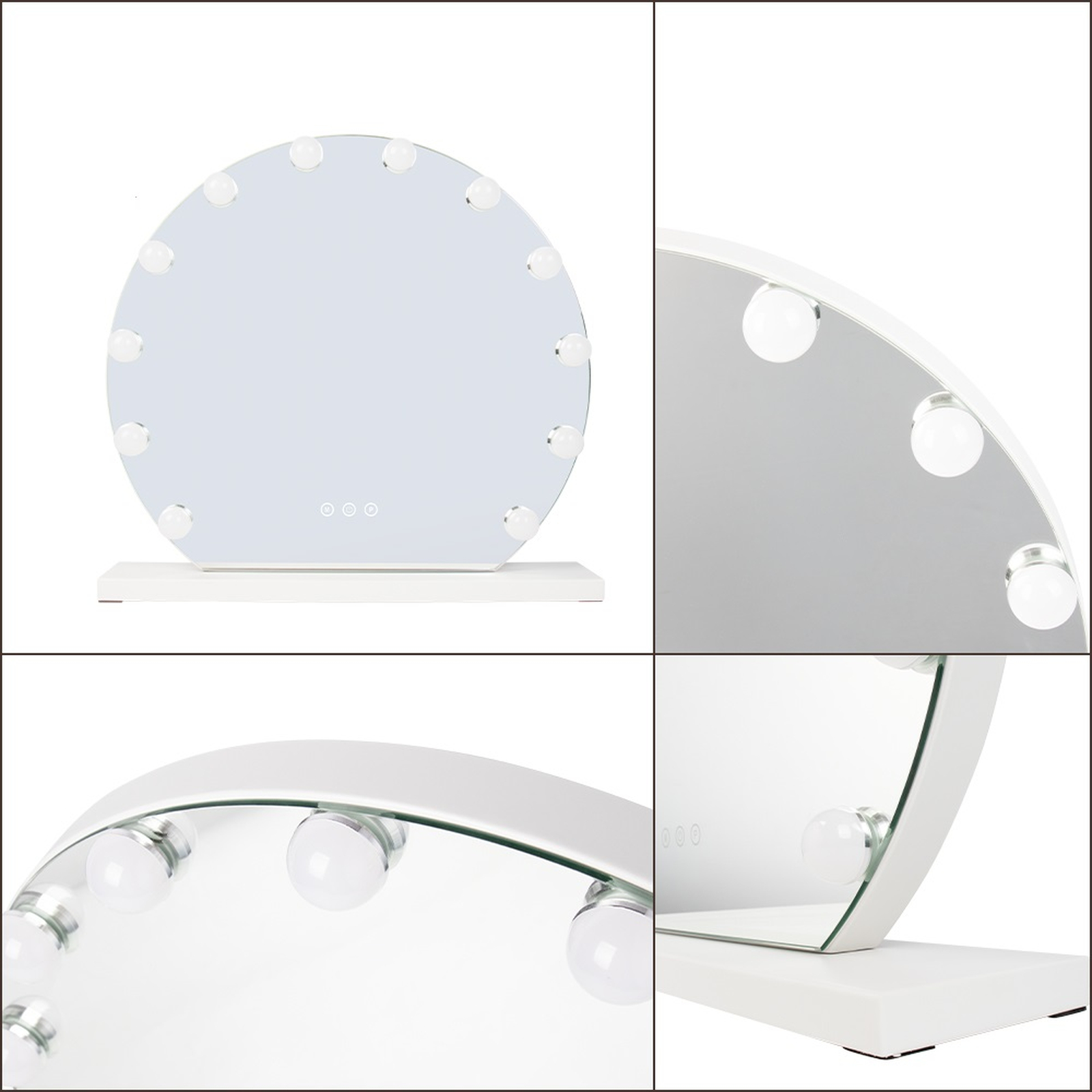 Uno specchio da toeletta rotondo bianco con lampadine e controlli touch su una base.