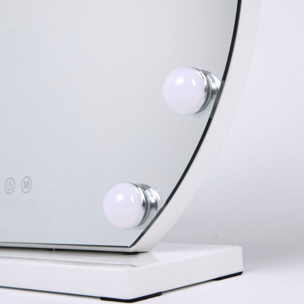 Uno specchio per il trucco bianco con due luci LED rotonde sul lato e controlli touch.