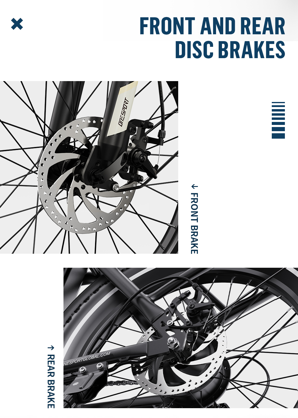 Frenos de disco delanteros y traseros de una bicicleta en primer plano.