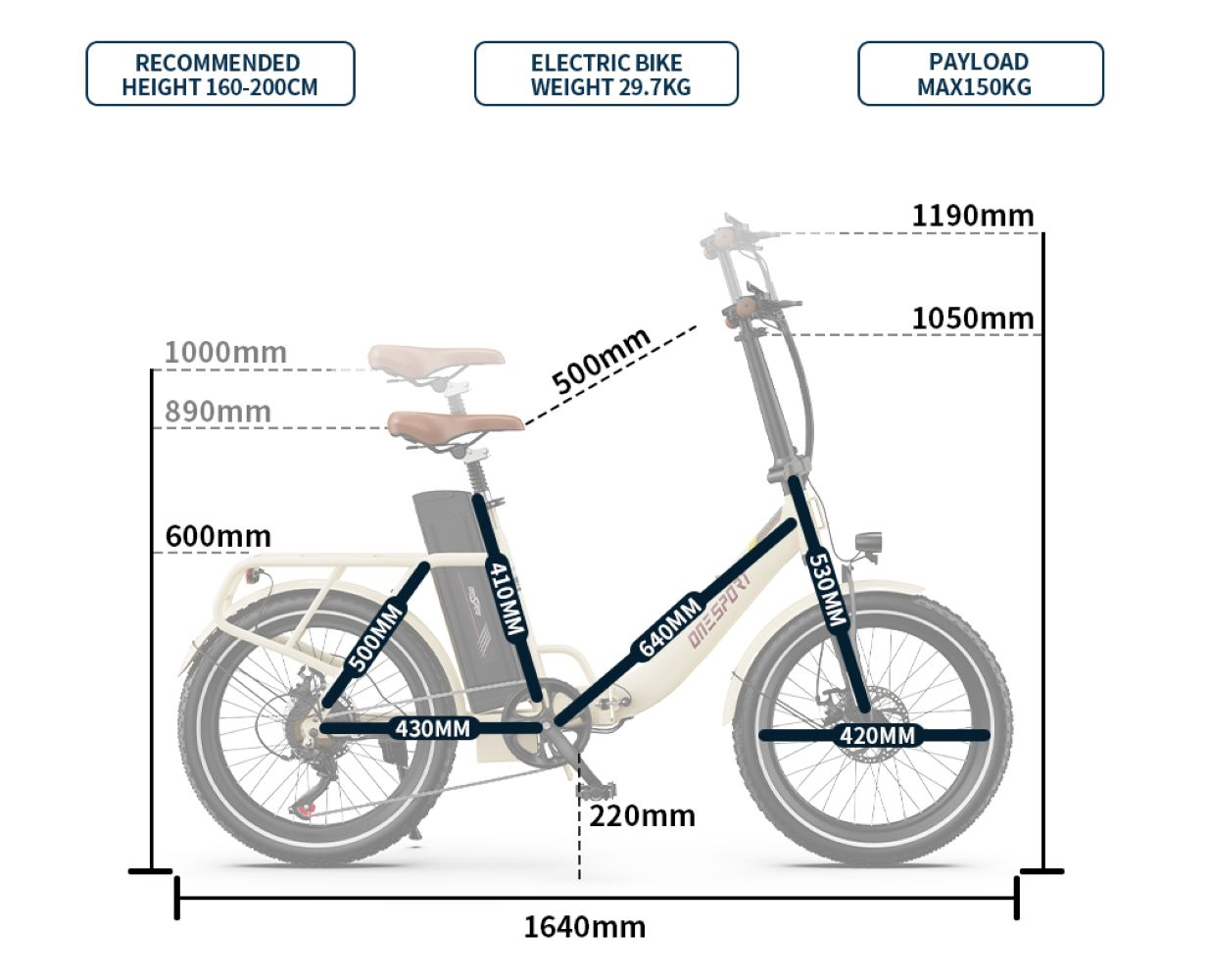Una bicicleta eléctrica color crema con dimensiones y especificaciones.
